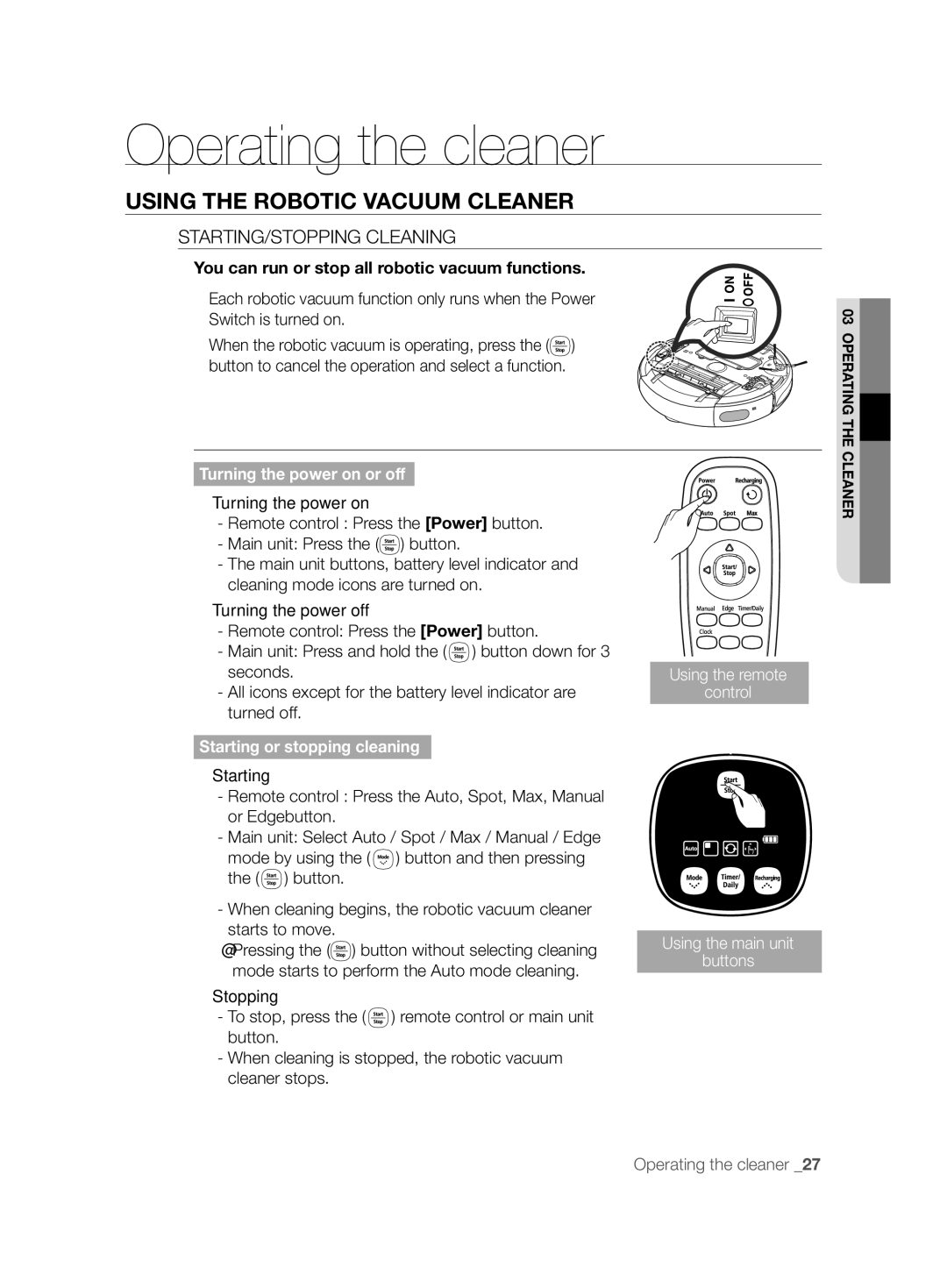 Samsung VCR8850L3R/XEO, VCR8850L3R/XEG, VCR8850L3R/XET manual Using the Robotic Vacuum Cleaner, STARTING/STOPPING Cleaning 