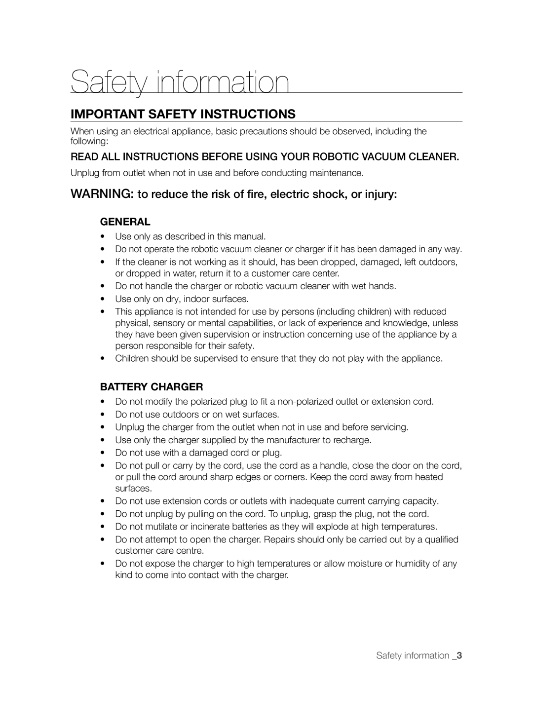 Samsung VCR8850L3R/XEO, VCR8850L3R/XEG, VCR8850L3R/XET manual Important Safety Instructions, General, Battery Charger 