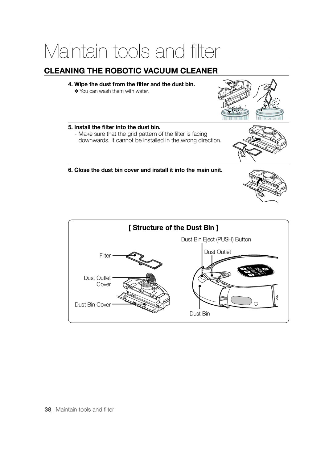 Samsung VCR8850L3R/XAG, VCR8850L3R/XEG Wipe the dust from the ﬁlter and the dust bin, Install the ﬁlter into the dust bin 