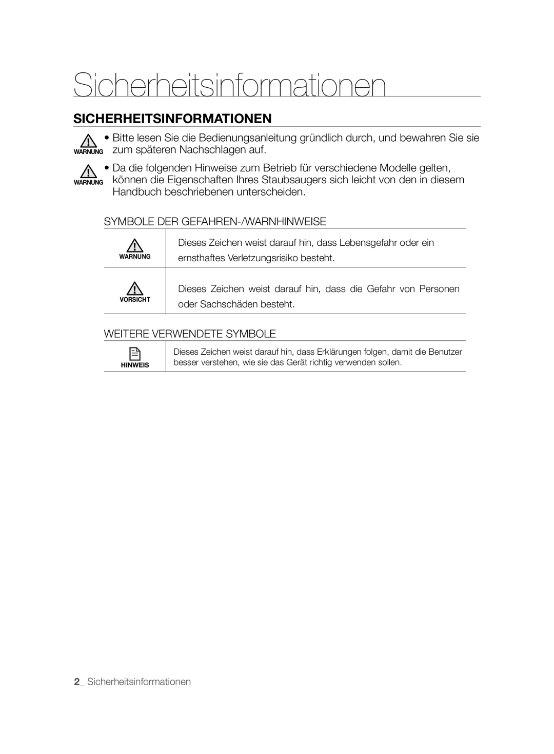 Samsung VCR8850L3R/XEG manual Sicherheitsinformationen, Symbole DER GEFAHREN-/WARNHINWEISE, Weitere Verwendete Symbole 