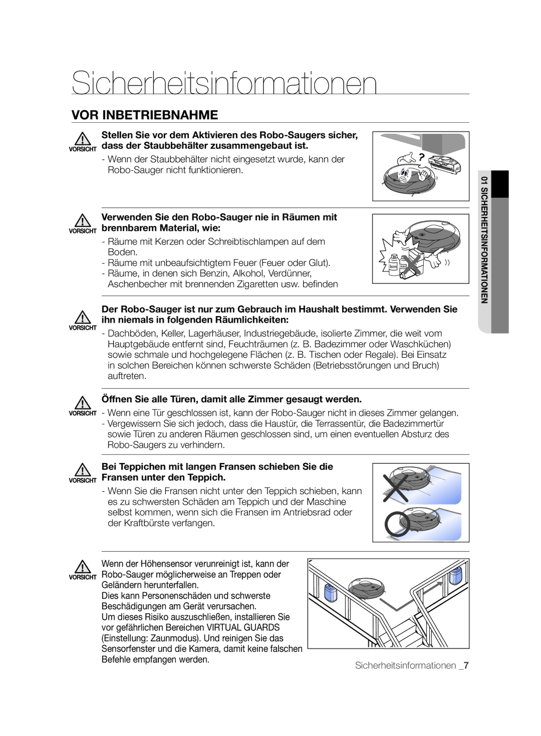 Samsung VCR8850L3R/XET, VCR8850L3R/XEG manual VOR Inbetriebnahme, Räume mit Kerzen oder Schreibtischlampen auf dem Boden 