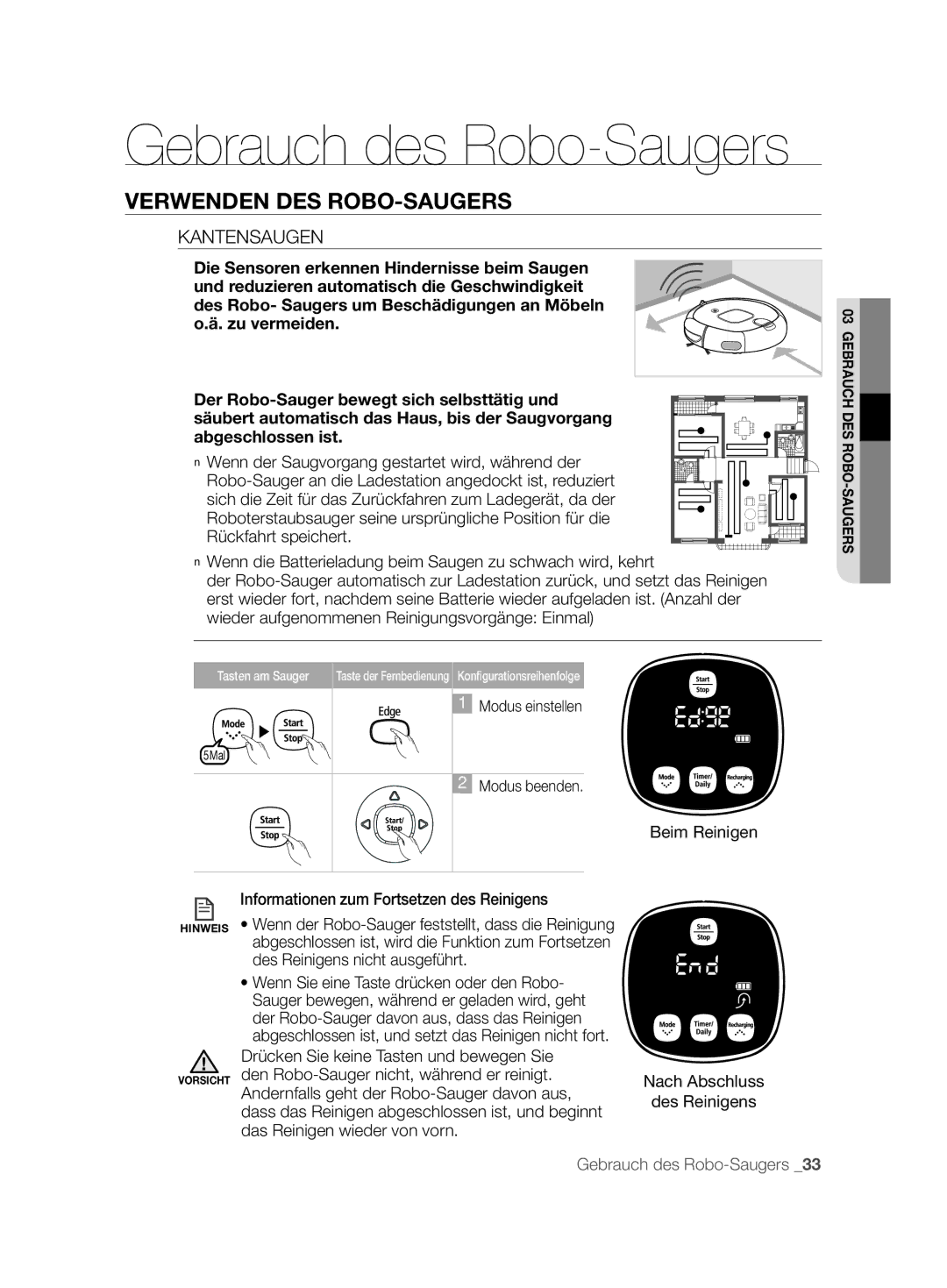 Samsung VCR8850L3R/XEO, VCR8850L3R/XEG, VCR8850L3R/XET manual Kantensaugen, Informationen zum Fortsetzen des Reinigens 