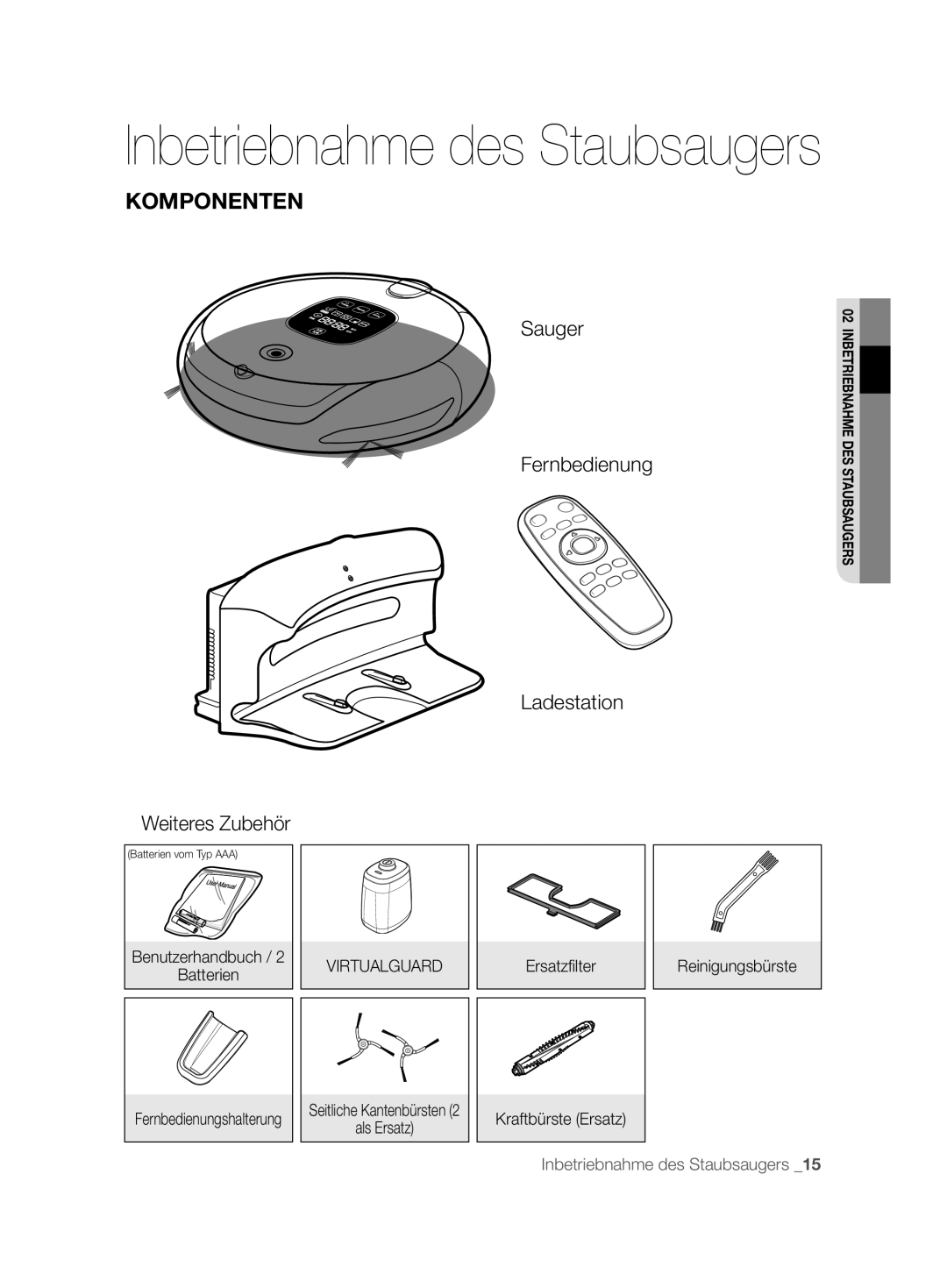 Samsung VCR8850L3R/XEG manual Komponenten, Benutzerhandbuch Batterien, Reinigungsbürste, Als Ersatz Kraftbürste Ersatz 