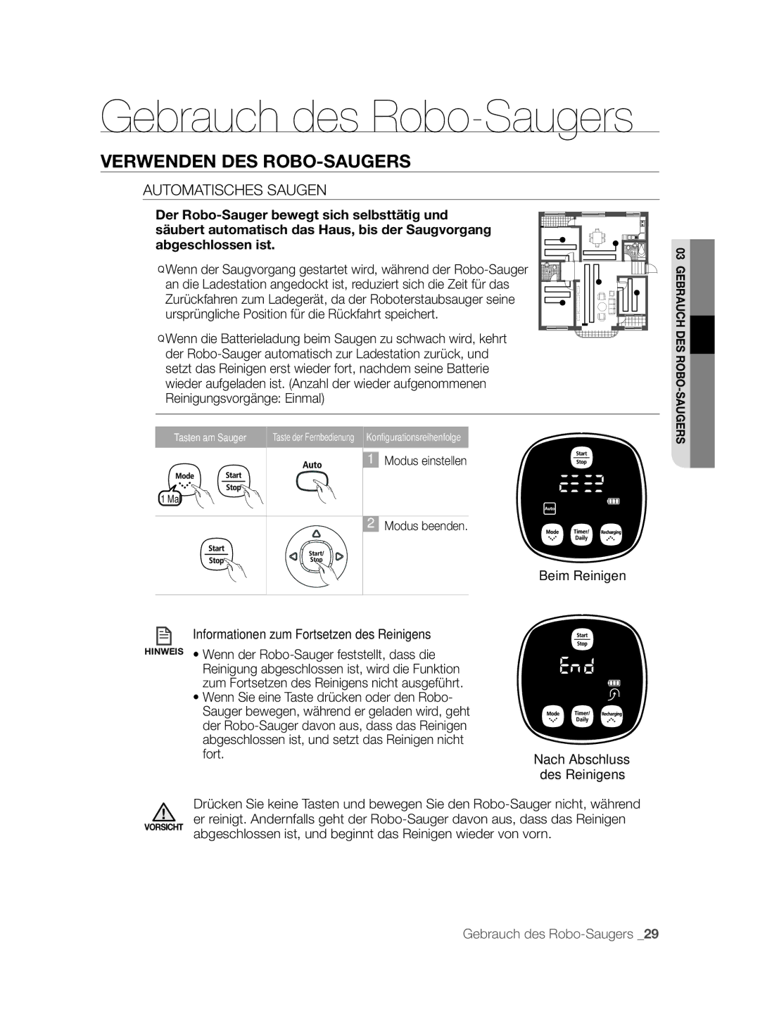 Samsung VCR8850L3R/XAG, VCR8850L3R/XEG, VCR8850L3R/XET Automatisches Saugen, Informationen zum Fortsetzen des Reinigens 