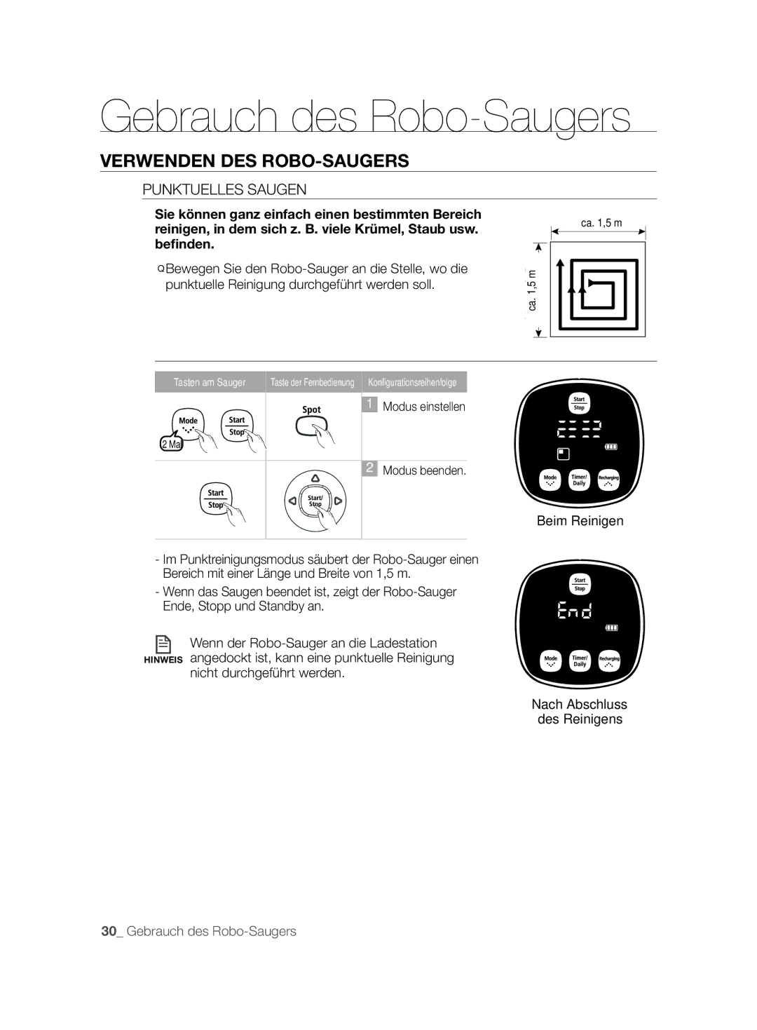 Samsung VCR8850L3R/XEG, VCR8850L3R/XET manual Punktuelles Saugen, Nicht durchgeführt werden Nach Abschluss Des Reinigens 