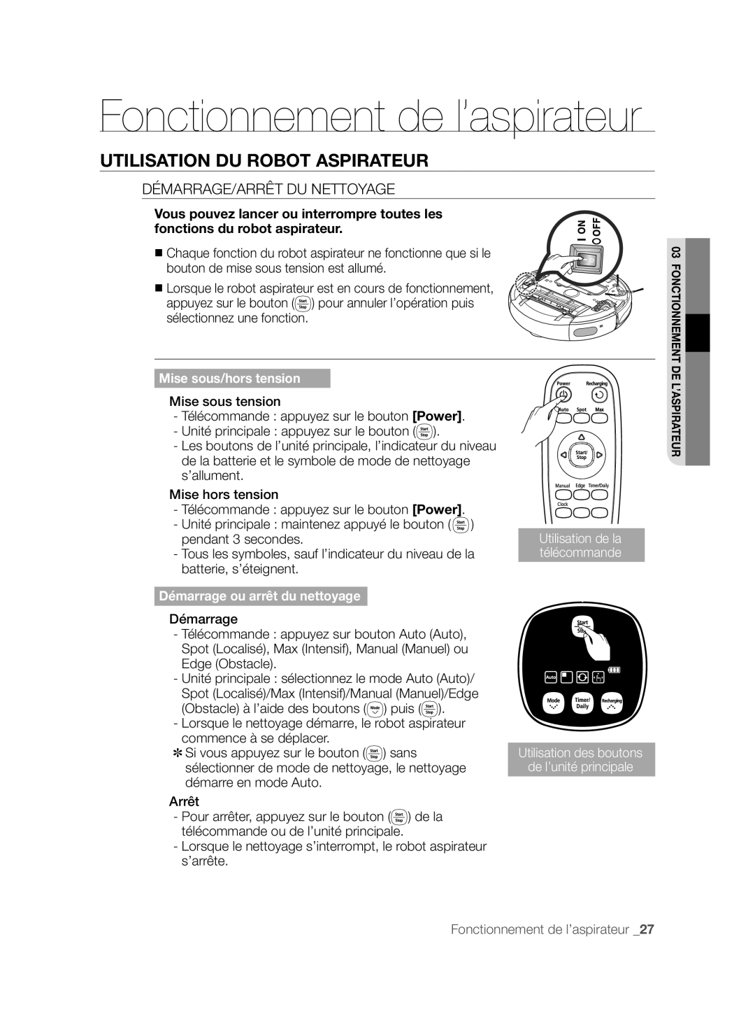 Samsung VCR8850L3R/XEG, VCR8850L3R/XET, VCR8850L3R/XAG manual Utilisation DU Robot Aspirateur, DÉMARRAGE/ARRÊT DU Nettoyage 