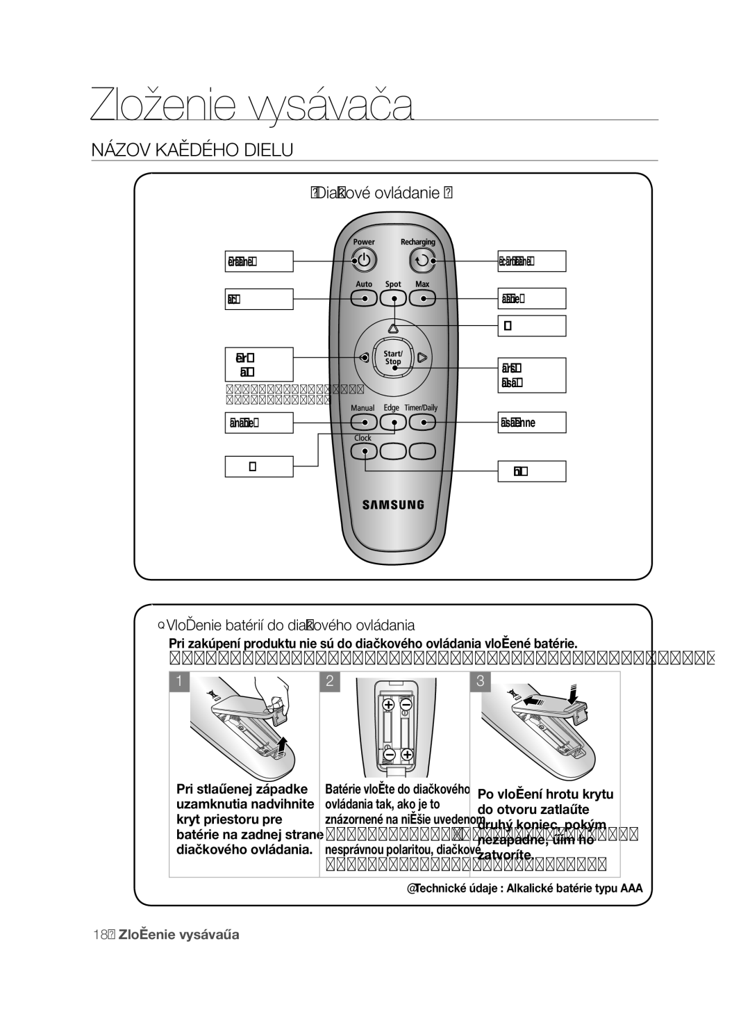 Samsung VCR8850L3R/XEO manual Diaľkové ovládanie, Vloženie batérií do diaľkového ovládania 