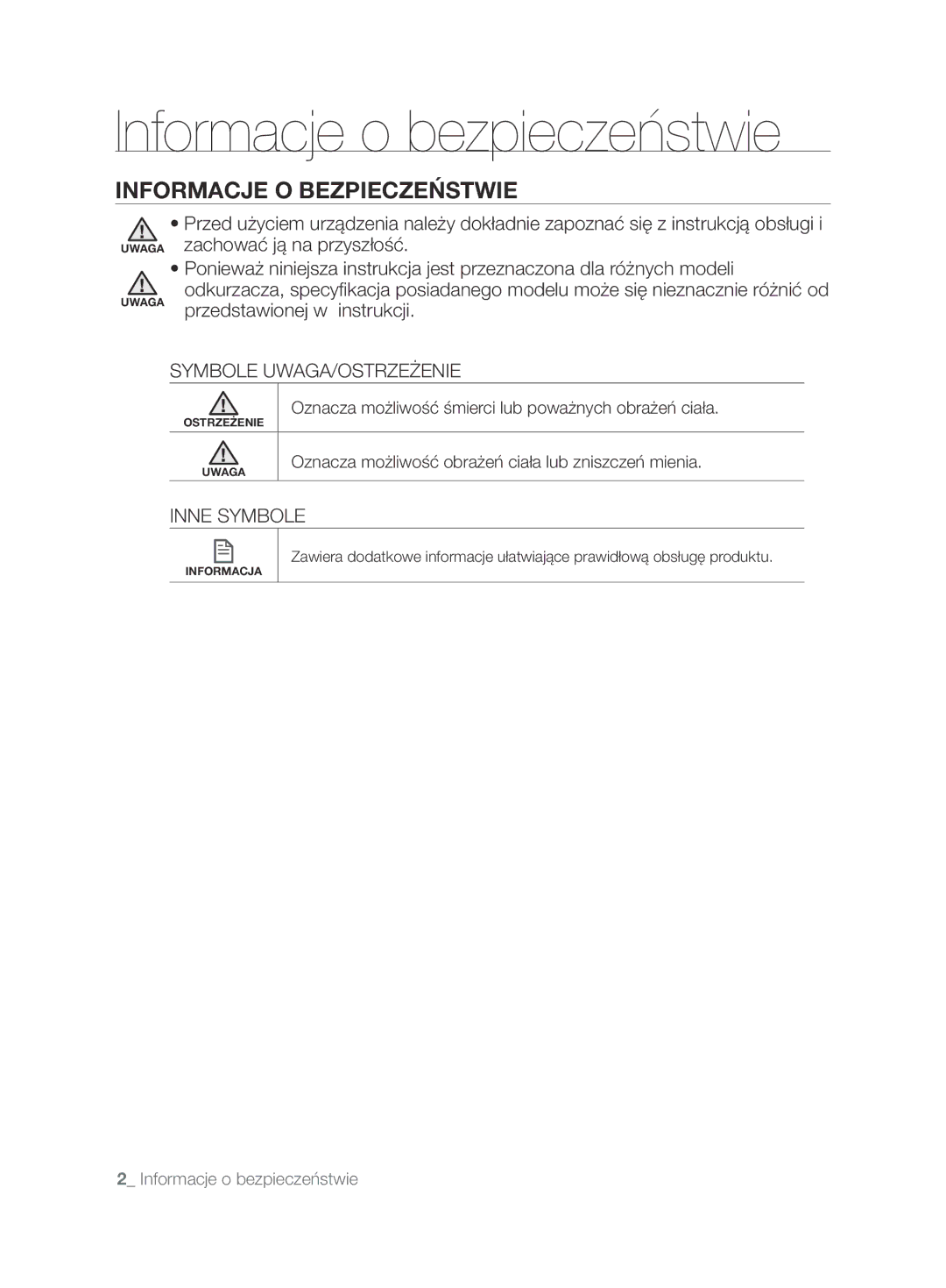 Samsung VCR8850L3R/XEO Informacje o bezpieczeństwie, Informacje O Bezpieczeństwie, Symbole UWAGA/OSTRZEŻENIE, Inne Symbole 