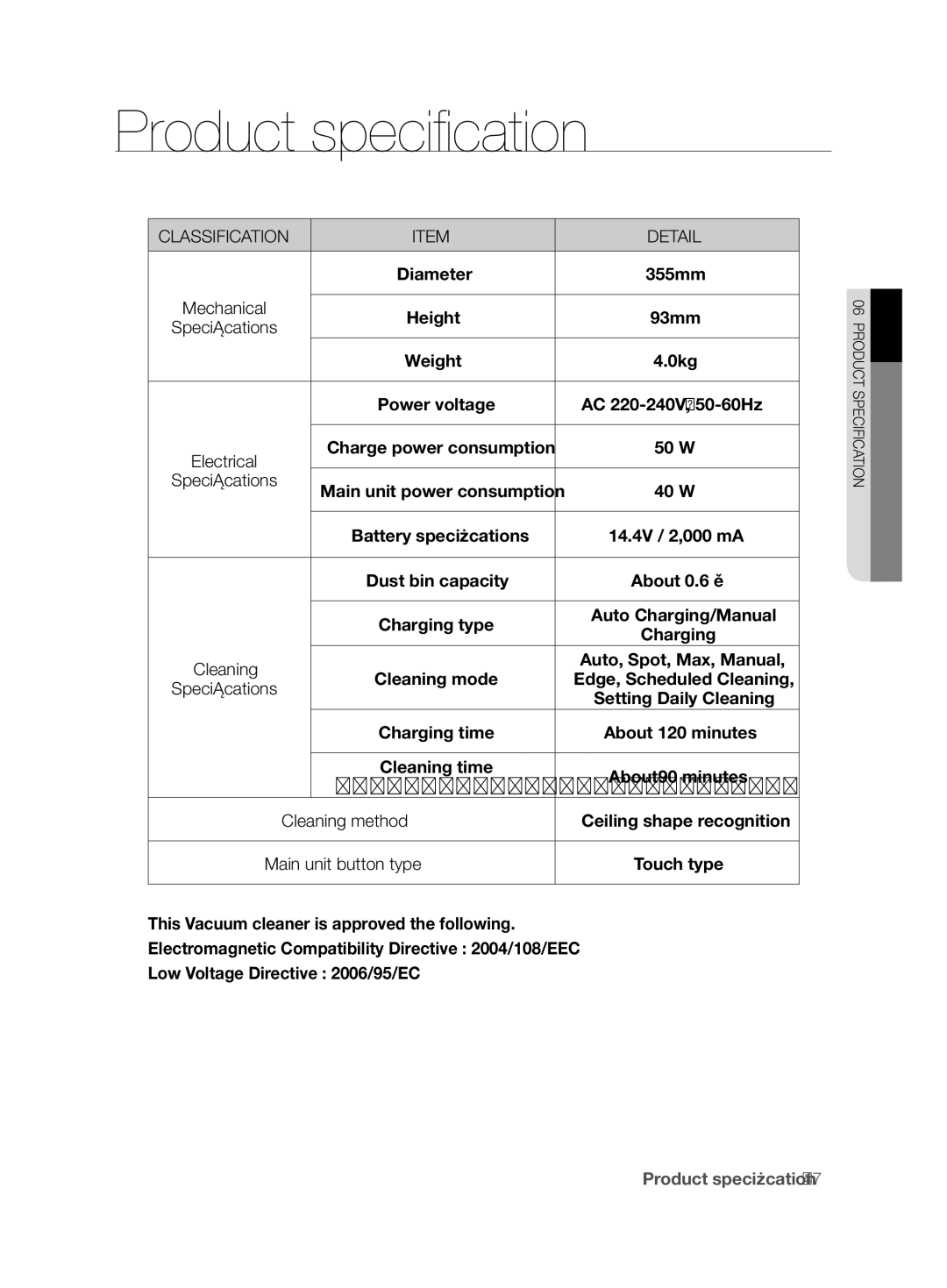 Samsung VCR8850L3R/XEO manual Classification Detail, Mechanical, Specifications, Electrical, Cleaning method 