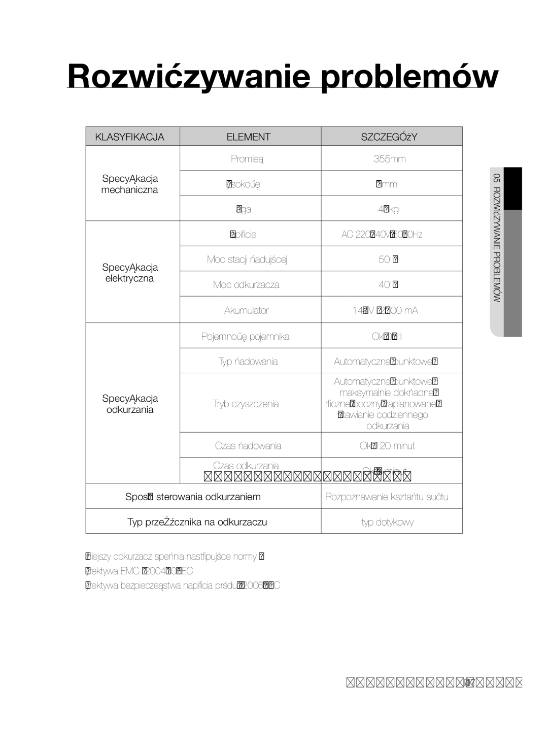 Samsung VCR8850L3R/XEO manual Specyfikacja, Mechaniczna, Elektryczna, Sposób sterowania odkurzaniem 