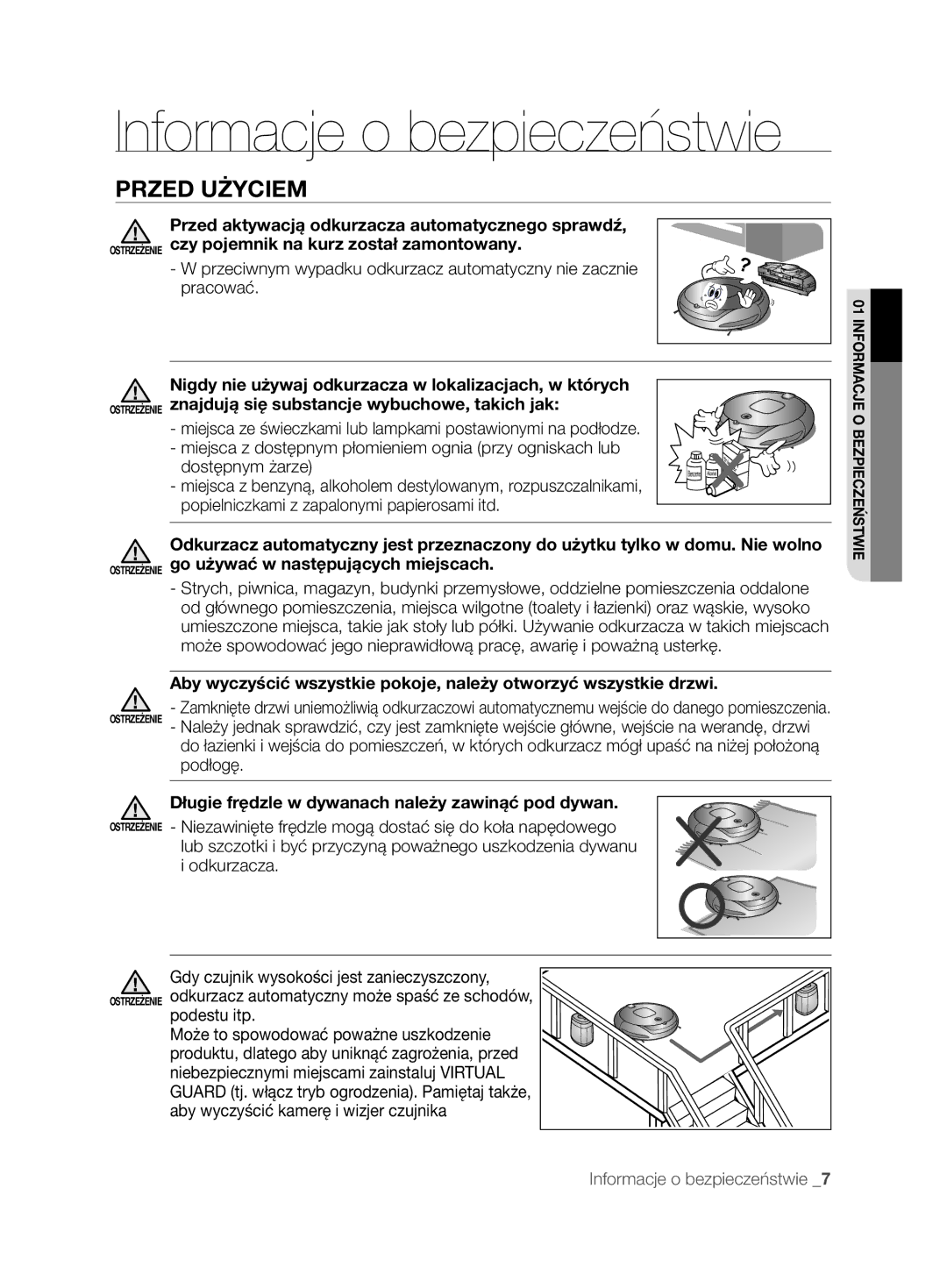 Samsung VCR8850L3R/XEO manual Przed Użyciem, Dostępnym żarze, Długie frędzle w dywanach należy zawinąć pod dywan 