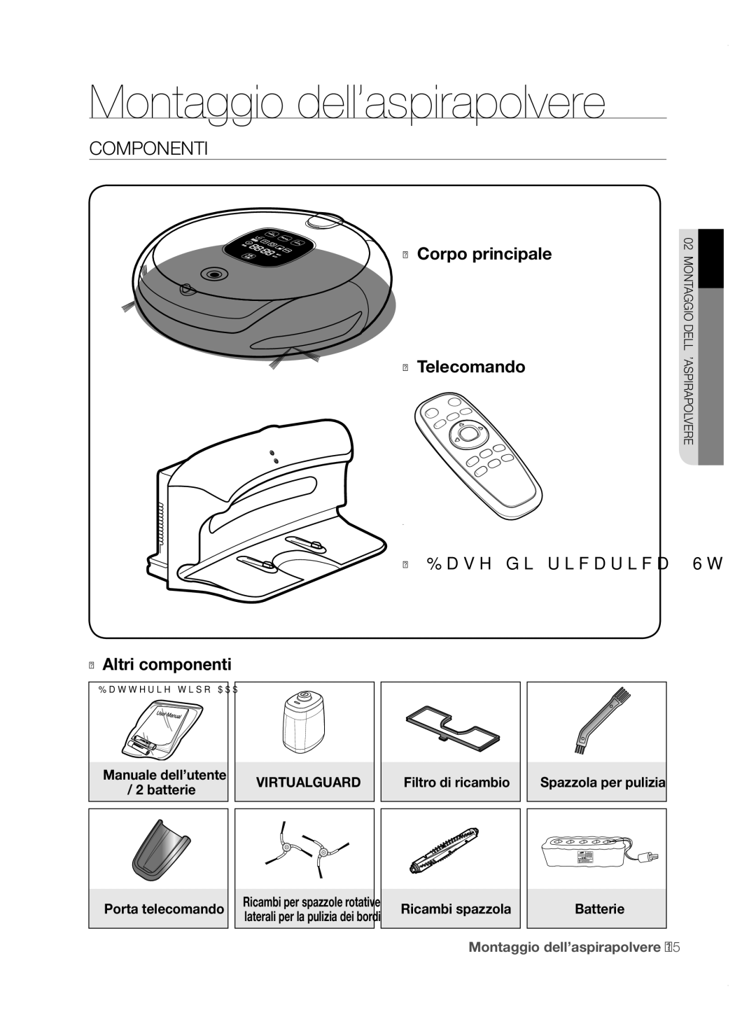 Samsung VCR8850L3R/XET manual Montaggio dell’aspirapolvere, Componenti, Manuale dell’utente Batterie Porta telecomando 