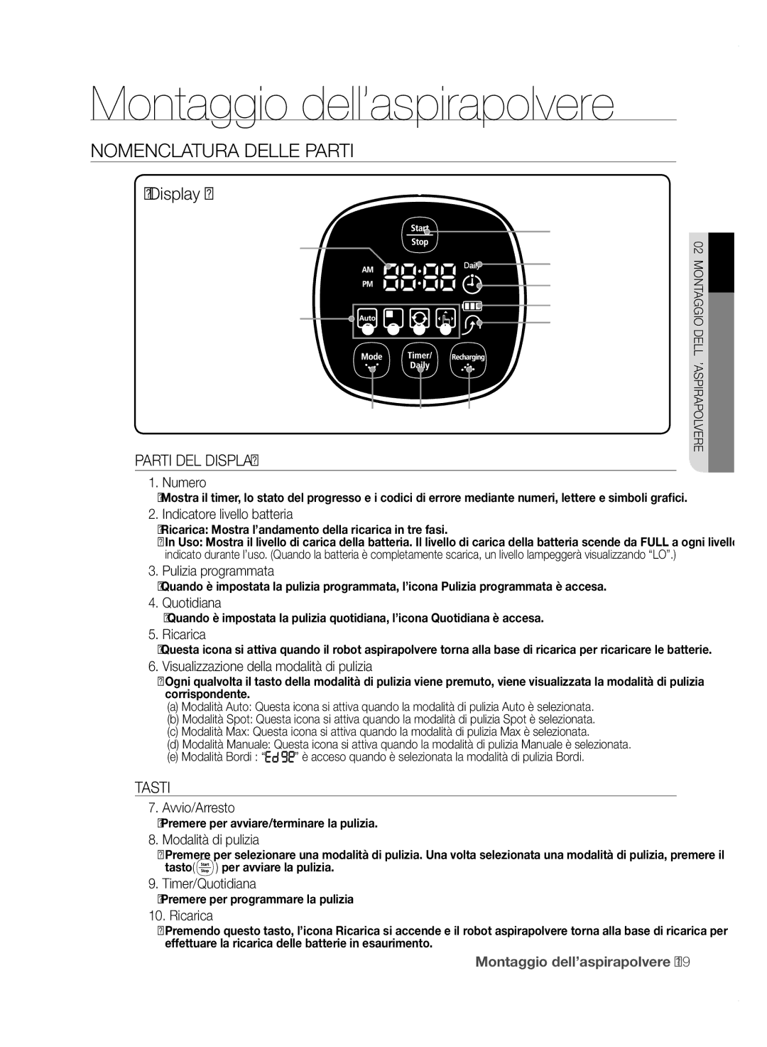 Samsung VCR8850L3R/XET manual Numero, Indicatore livello batteria, Pulizia programmata, Quotidiana, Ricarica, Avvio/Arresto 