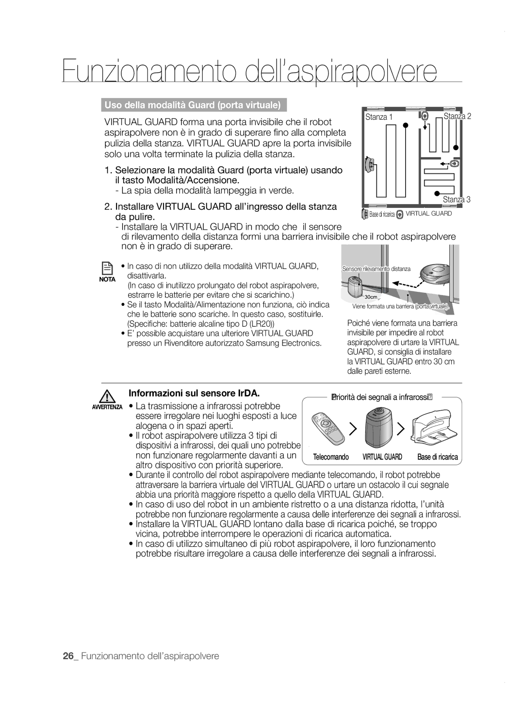 Samsung VCR8850L3R/XET Virtual Guard forma una porta invisibile che il robot, Da pulire, Informazioni sul sensore IrDA 