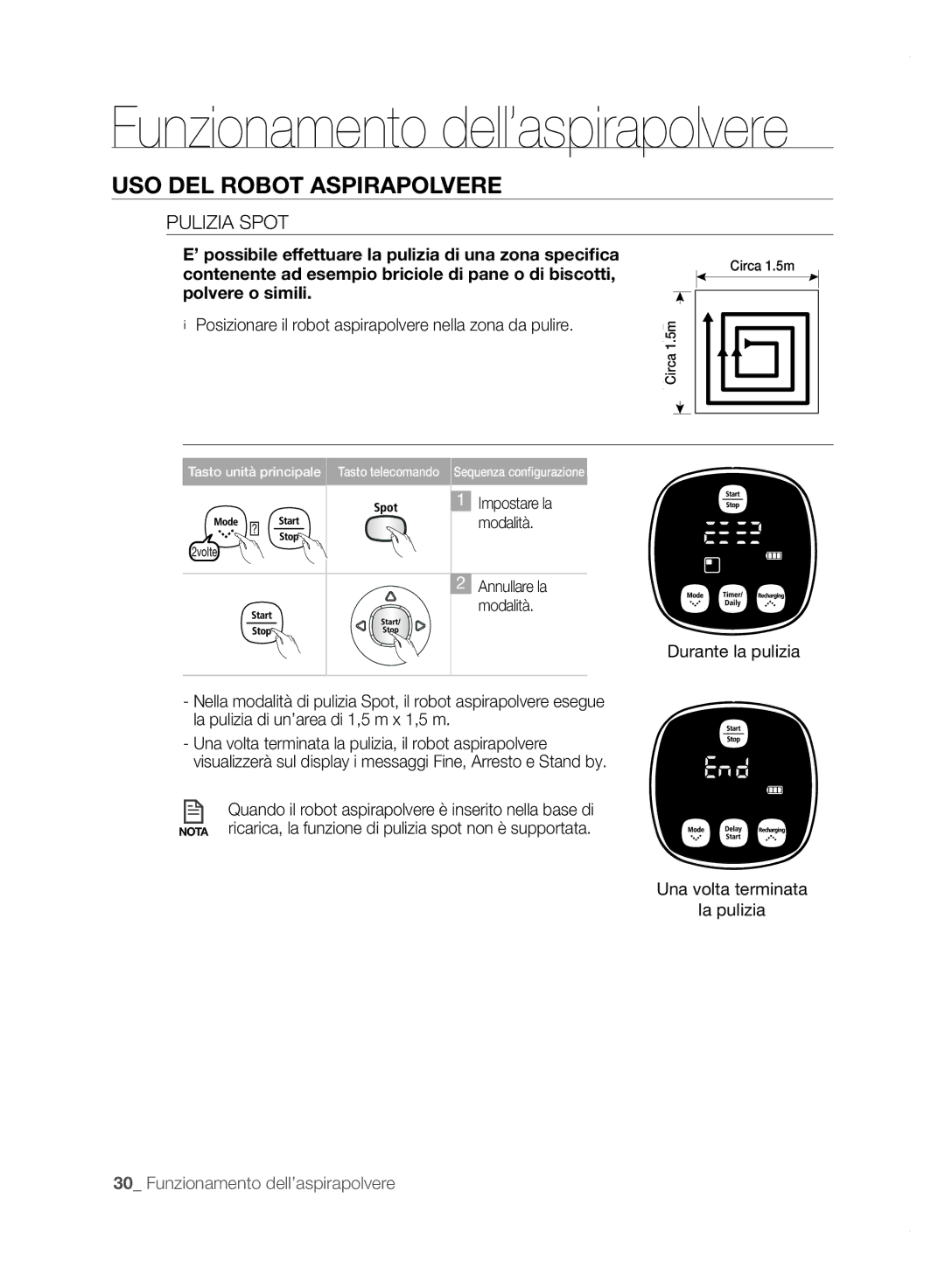 Samsung VCR8850L3R/XET manual Pulizia Spot, Posizionare il robot aspirapolvere nella zona da pulire 