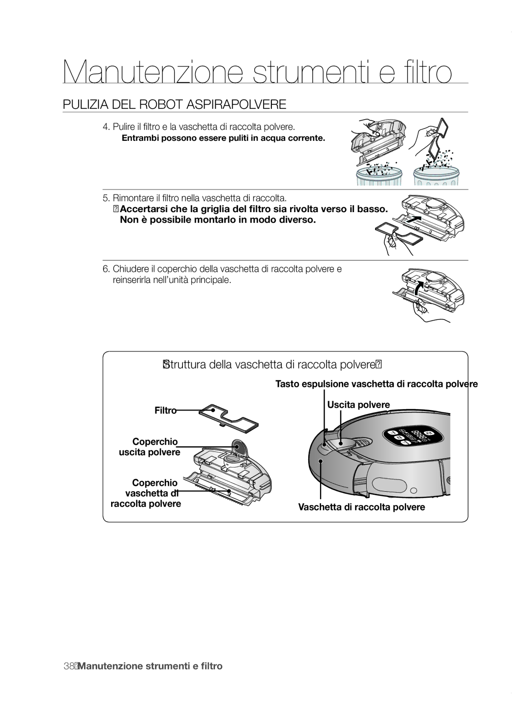 Samsung VCR8850L3R/XET manual Pulire il filtro e la vaschetta di raccolta polvere, Coperchio Vaschetta di 