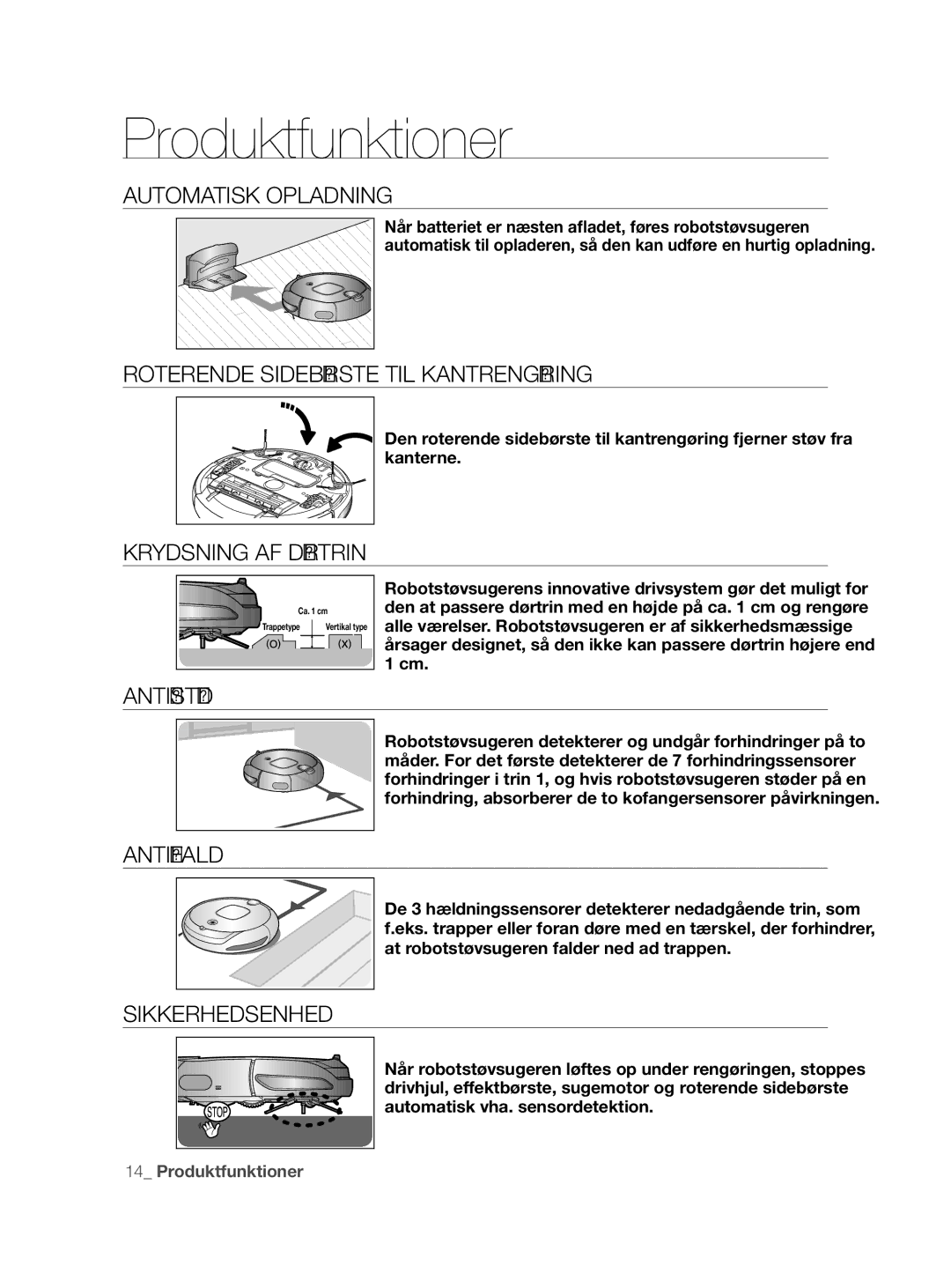 Samsung VCR8855L3B/XEE manual Automatisk Opladning, Roterende Sidebørste TIL Kantrengøring, Krydsning AF Dørtrin, Anti-Stød 