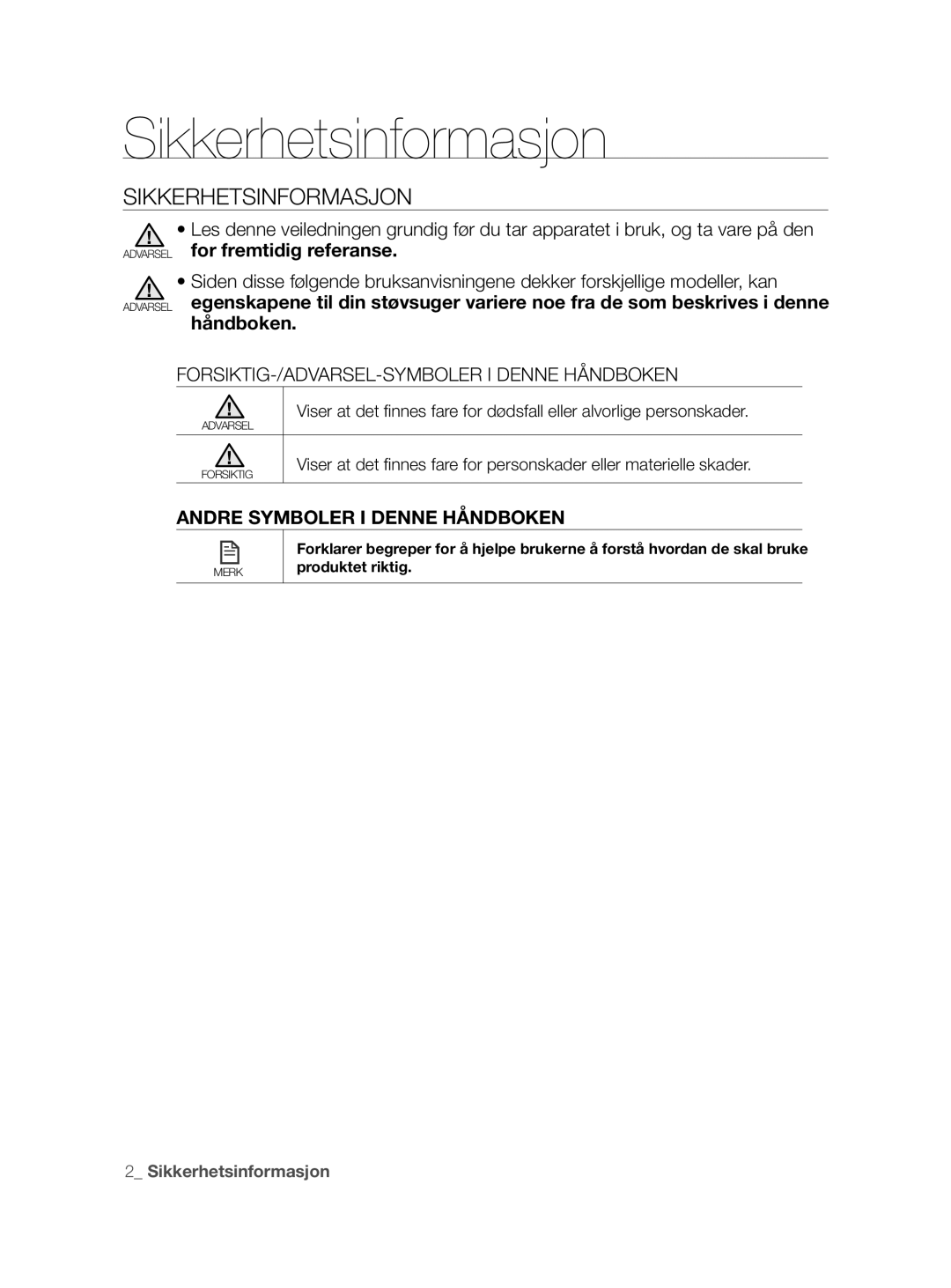 Samsung VCR8855L3B/XEE, VCR8855L3B/XEF manual Sikkerhetsinformasjon, FORSIKTIG-/ADVARSEL-SYMBOLER I Denne Håndboken 