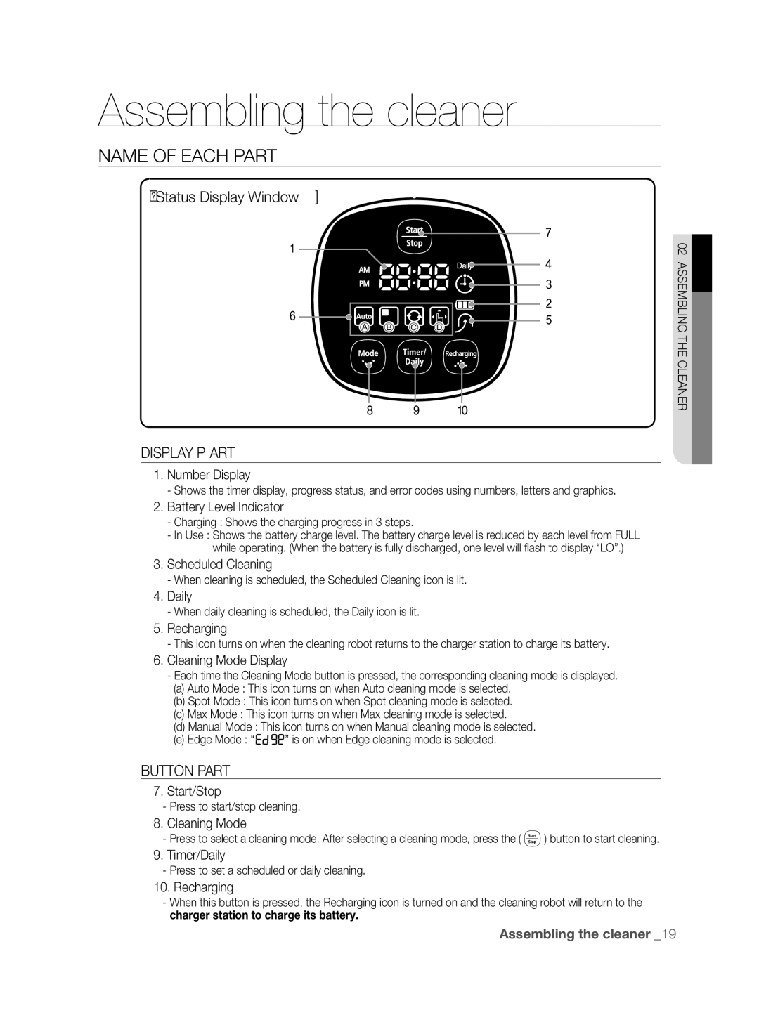 Samsung VCR8855L3B/BOL manual Number Display, Battery Level Indicator, Scheduled Cleaning, Daily, Recharging, Start/Stop 