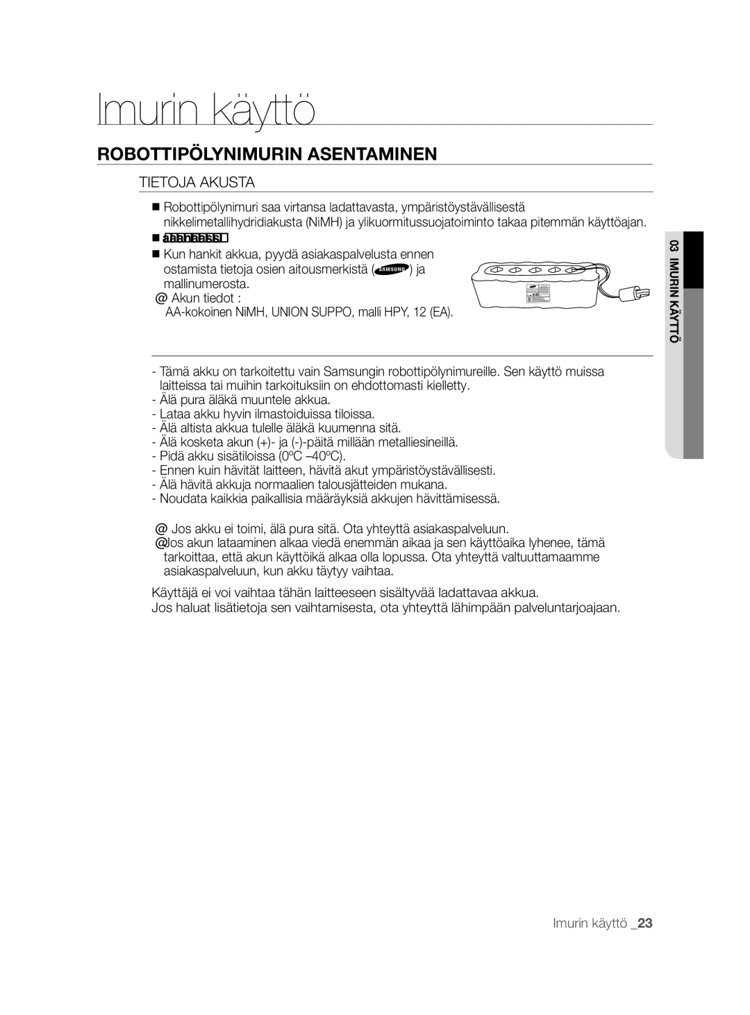 Samsung VCR8855L3B/XEE, VCR8855L3B/XEF, VCR8855L3B/BOL manual Tietoja Akusta 