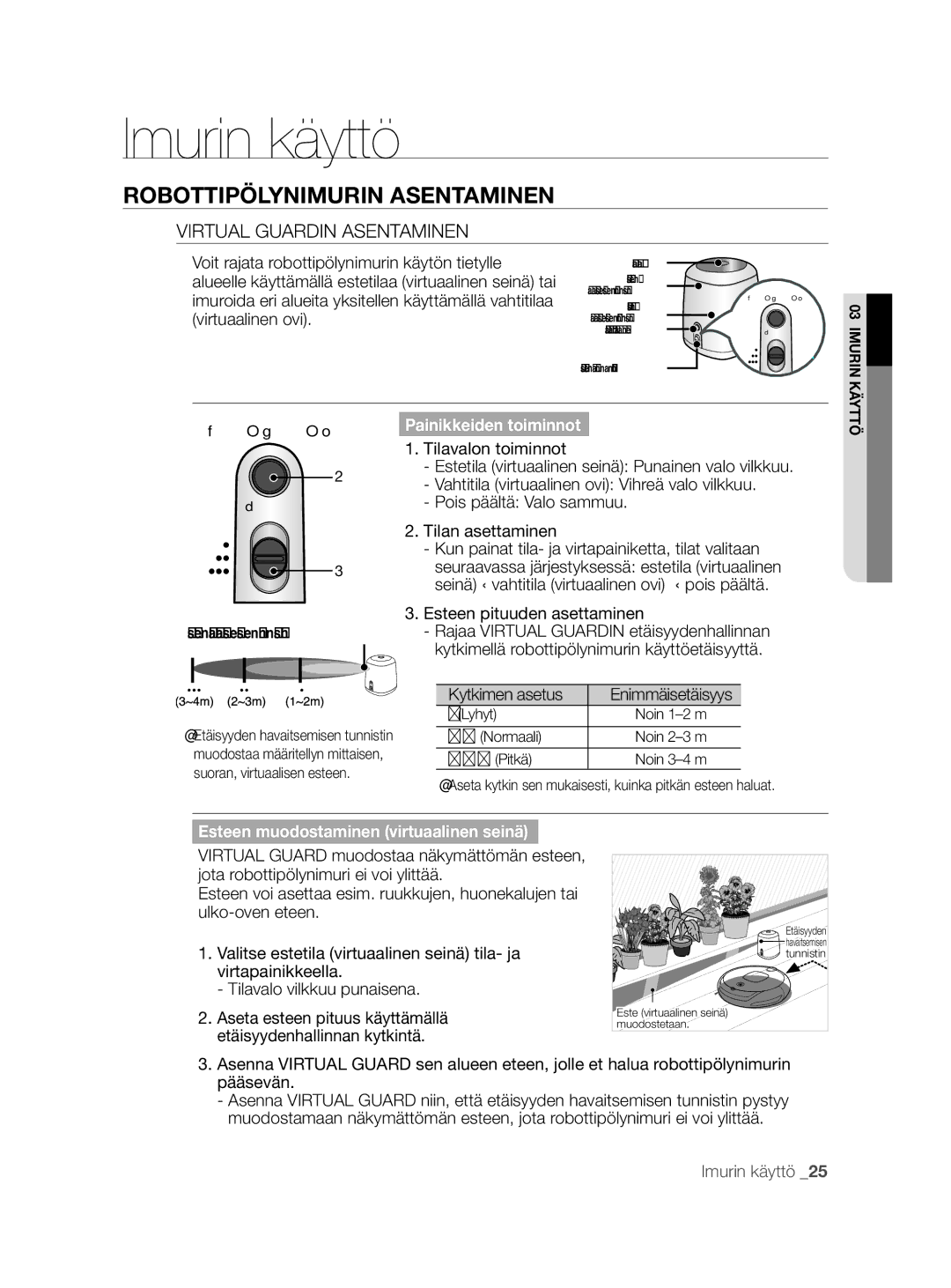 Samsung VCR8855L3B/BOL, VCR8855L3B/XEF manual Virtual Guardin Asentaminen, Esteen pituuden asettaminen, Kytkimen asetus 