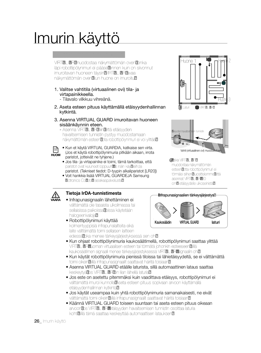 Samsung VCR8855L3B/XEE manual Huone 1 Huone, Havaitsemisen tunnistin pystyy muodostamaan, Tietoja IrDA-tunnistimesta 