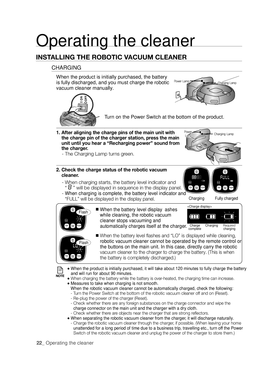 Samsung VCR8855L3B/BOL, VCR8855L3B/XEF, VCR8855L3B/XEE manual Charging, Check the charge status of the robotic vacuum cleaner 