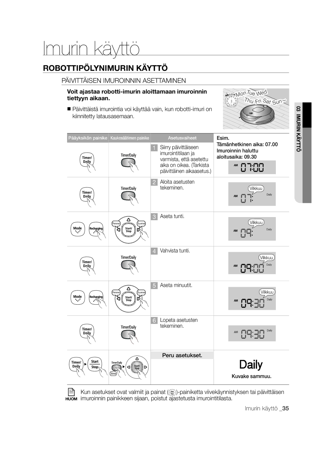 Samsung VCR8855L3B/XEE, VCR8855L3B/XEF, VCR8855L3B/BOL manual Päivittäisen Imuroinnin Asettaminen 