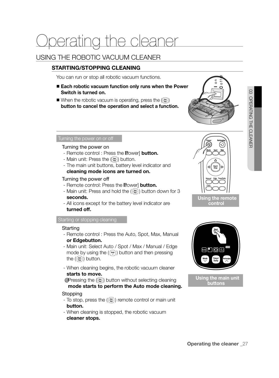 Samsung VCR8855L3B/XEF, VCR8855L3B/BOL manual Starting/Stopping Cleaning, You can run or stop all robotic vacuum functions 