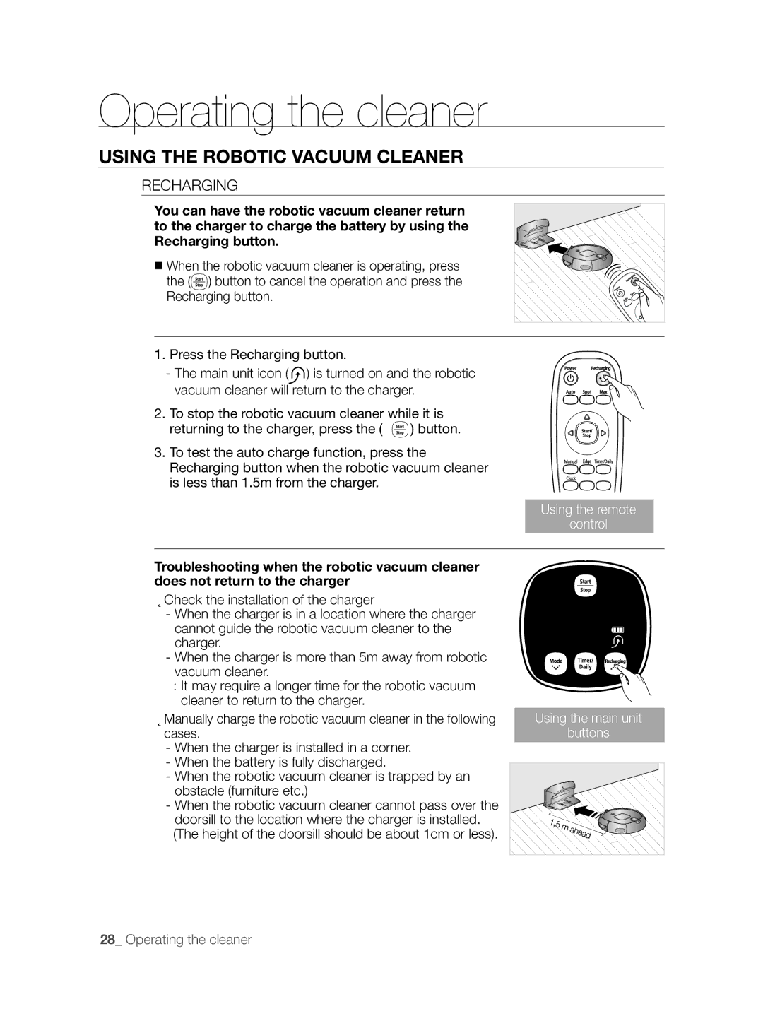 Samsung VCR8855L3B/BOL, VCR8855L3B/XEF, VCR8855L3B/XEE manual Recharging, Height of the doorsill should be about 1cm or less 