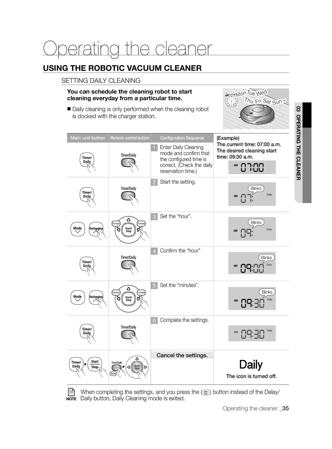 Samsung VCR8855L3B/XEE, VCR8855L3B/XEF, VCR8855L3B/BOL manual Operating the cleaner, Setting Daily Cleaning 