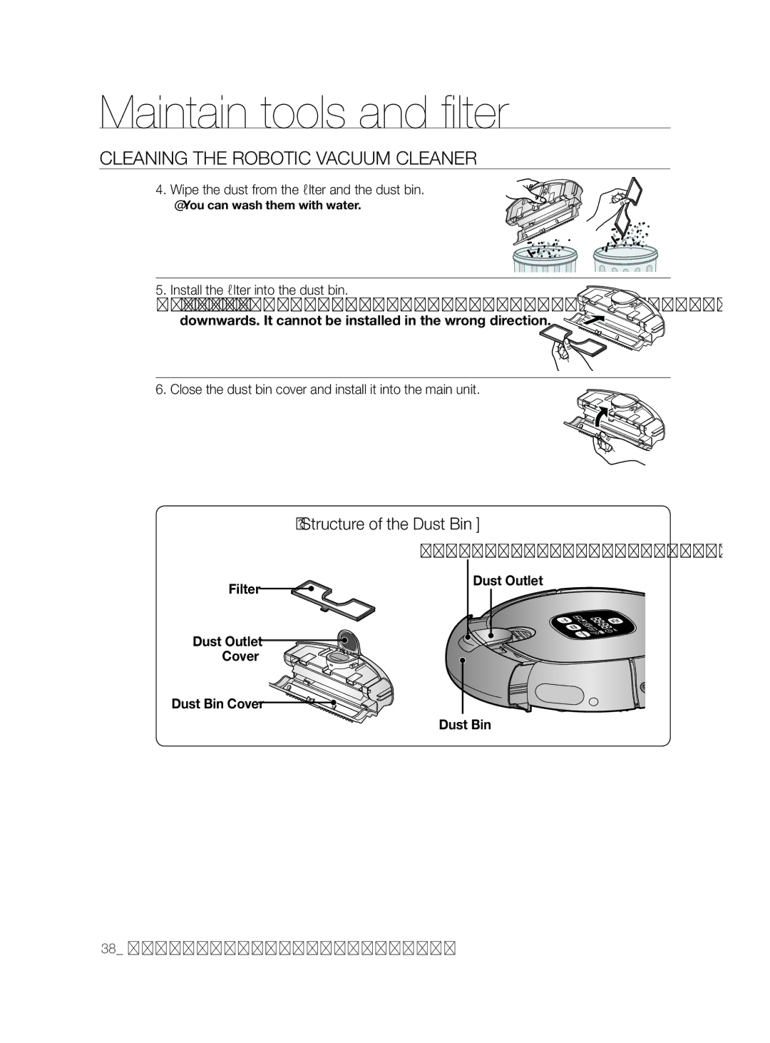 Samsung VCR8855L3B/XEE, VCR8855L3B/XEF manual Structure of the Dust Bin, Wipe the dust from the filter and the dust bin 