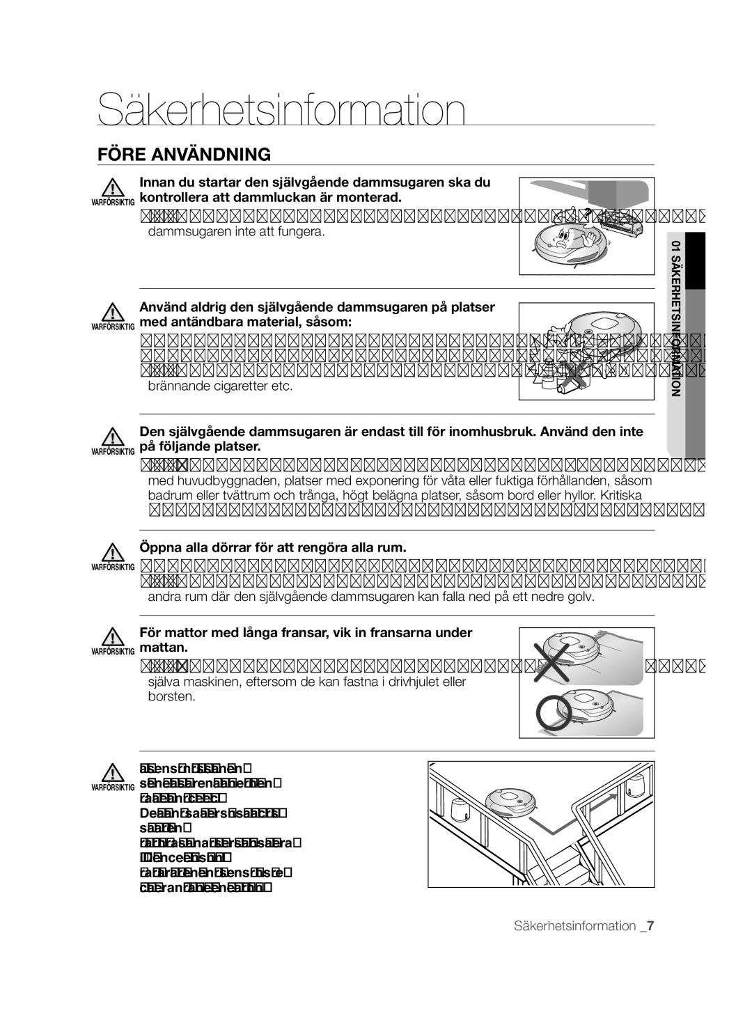 Samsung VCR8855L3B/BOL, VCR8855L3B/XEF, VCR8855L3B/XEE manual Före Användning, Öppna alla dörrar för att rengöra alla rum 