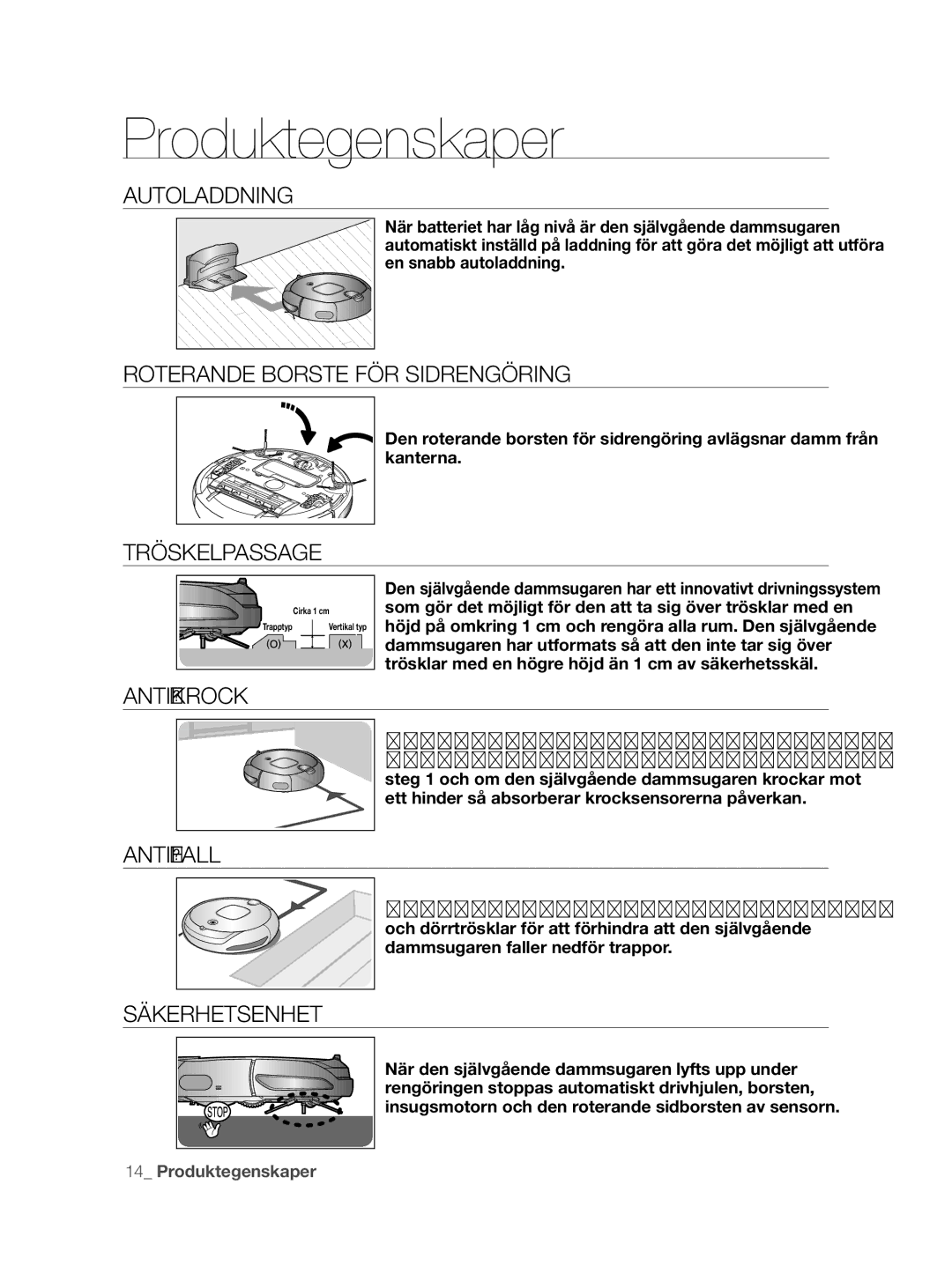 Samsung VCR8855L3B/XEE manual Autoladdning, Roterande Borste FÖR Sidrengöring, Anti-Krock, Anti-Fall, Säkerhetsenhet 