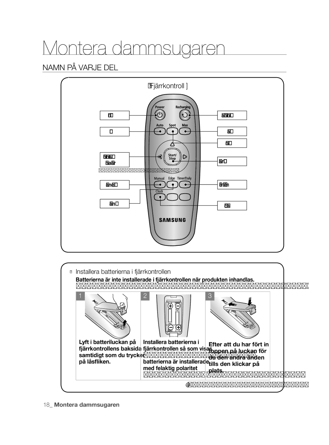 Samsung VCR8855L3B/XEF, VCR8855L3B/BOL, VCR8855L3B/XEE manual Fjärrkontroll, Installera batterierna i fjärrkontrollen 