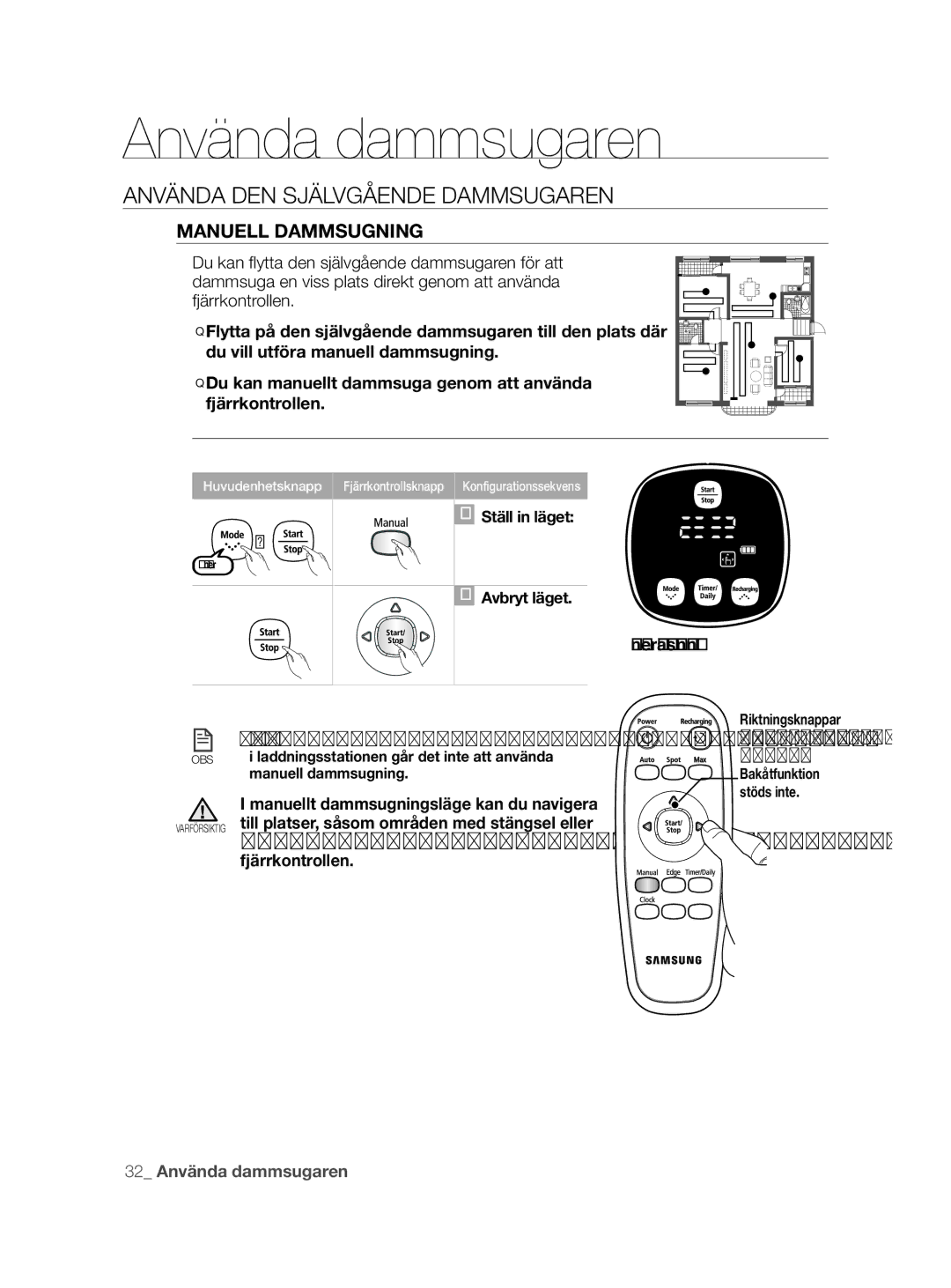 Samsung VCR8855L3B/XEE, VCR8855L3B/XEF, VCR8855L3B/BOL manual Manuell Dammsugning 