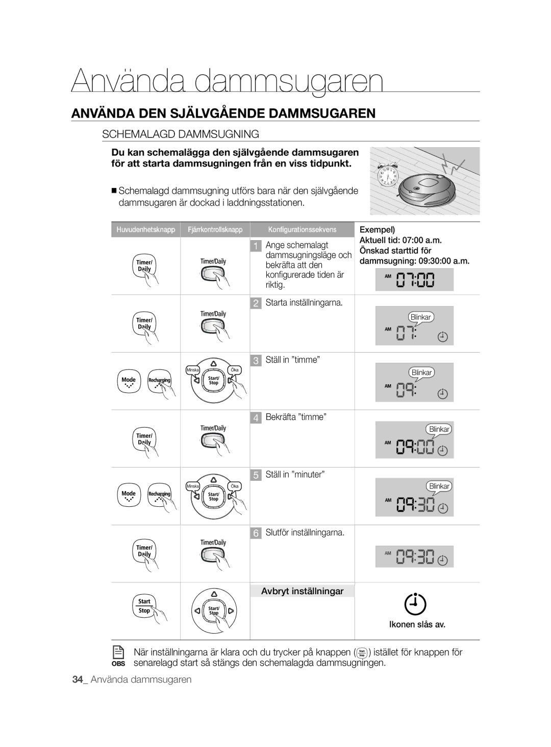 Samsung VCR8855L3B/BOL, VCR8855L3B/XEF, VCR8855L3B/XEE manual Schemalagd Dammsugning 