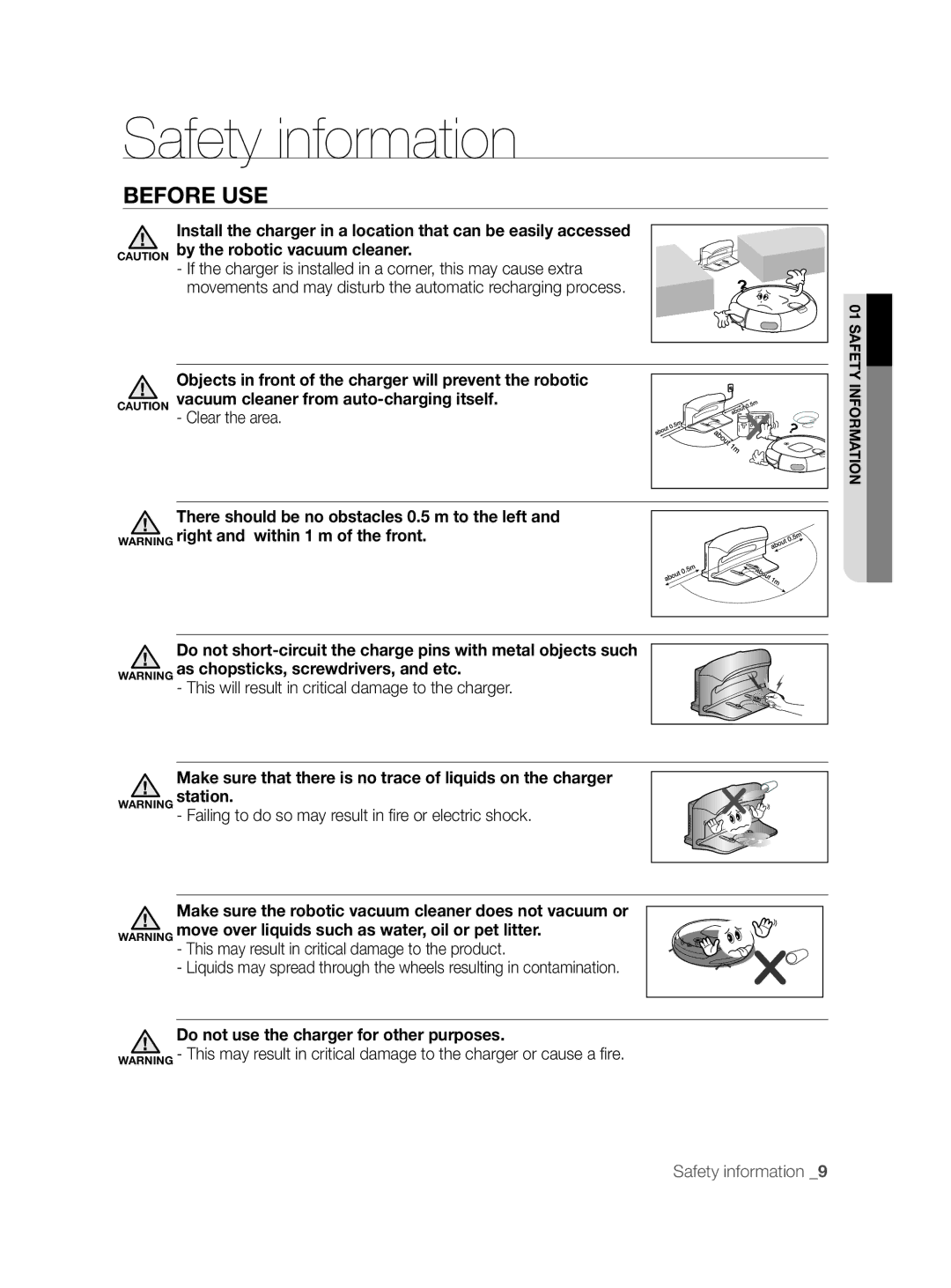 Samsung VCR8855L3B/XEF, VCR8855L3B/BOL manual Objects in front of the charger will prevent the robotic, Clear the area 