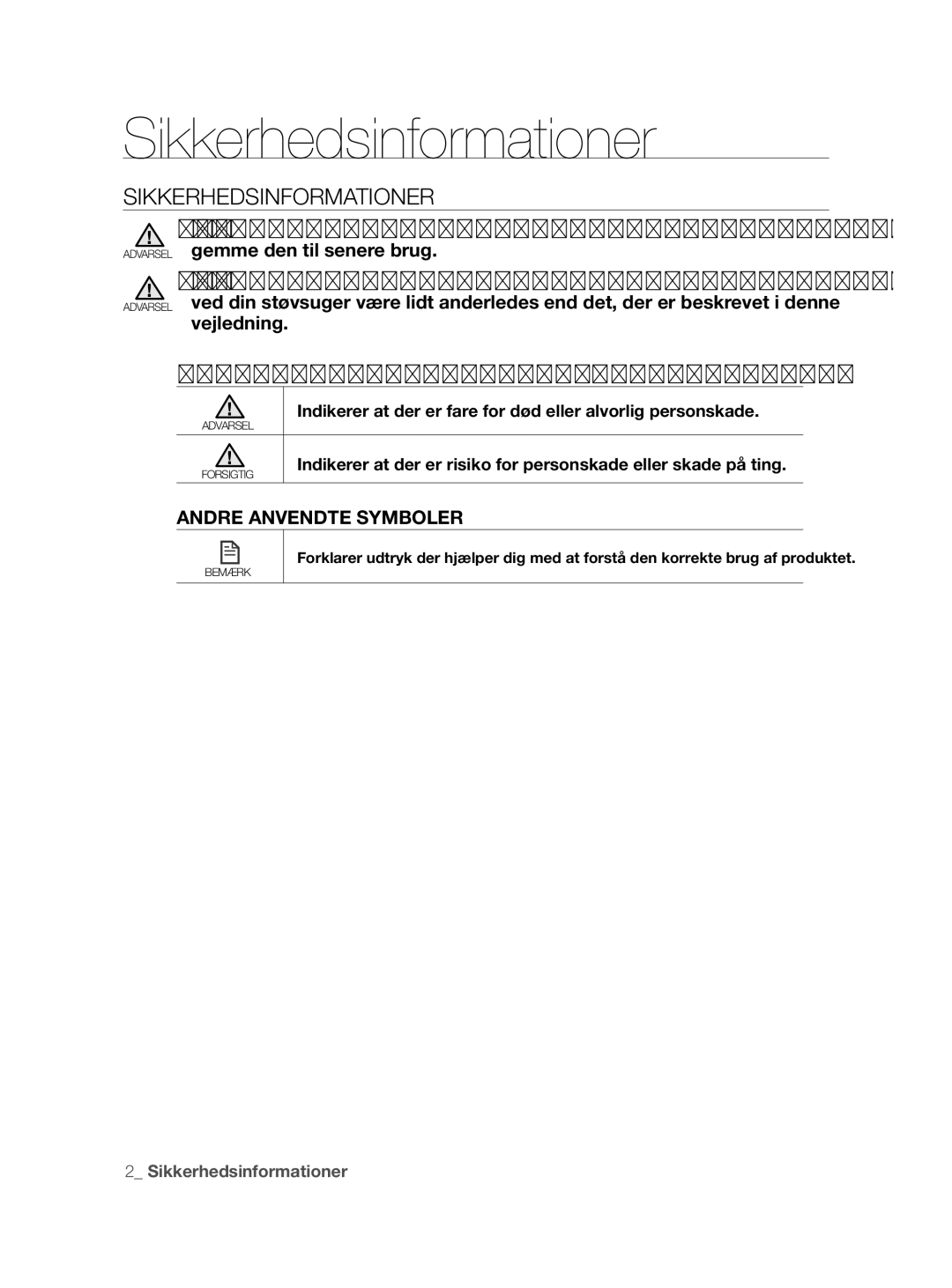 Samsung VCR8855L3B/XEE manual Sikkerhedsinformationer, Anvendte FORSIGTIG/ADVARSEL-SYMBOLER, Andre Anvendte Symboler 