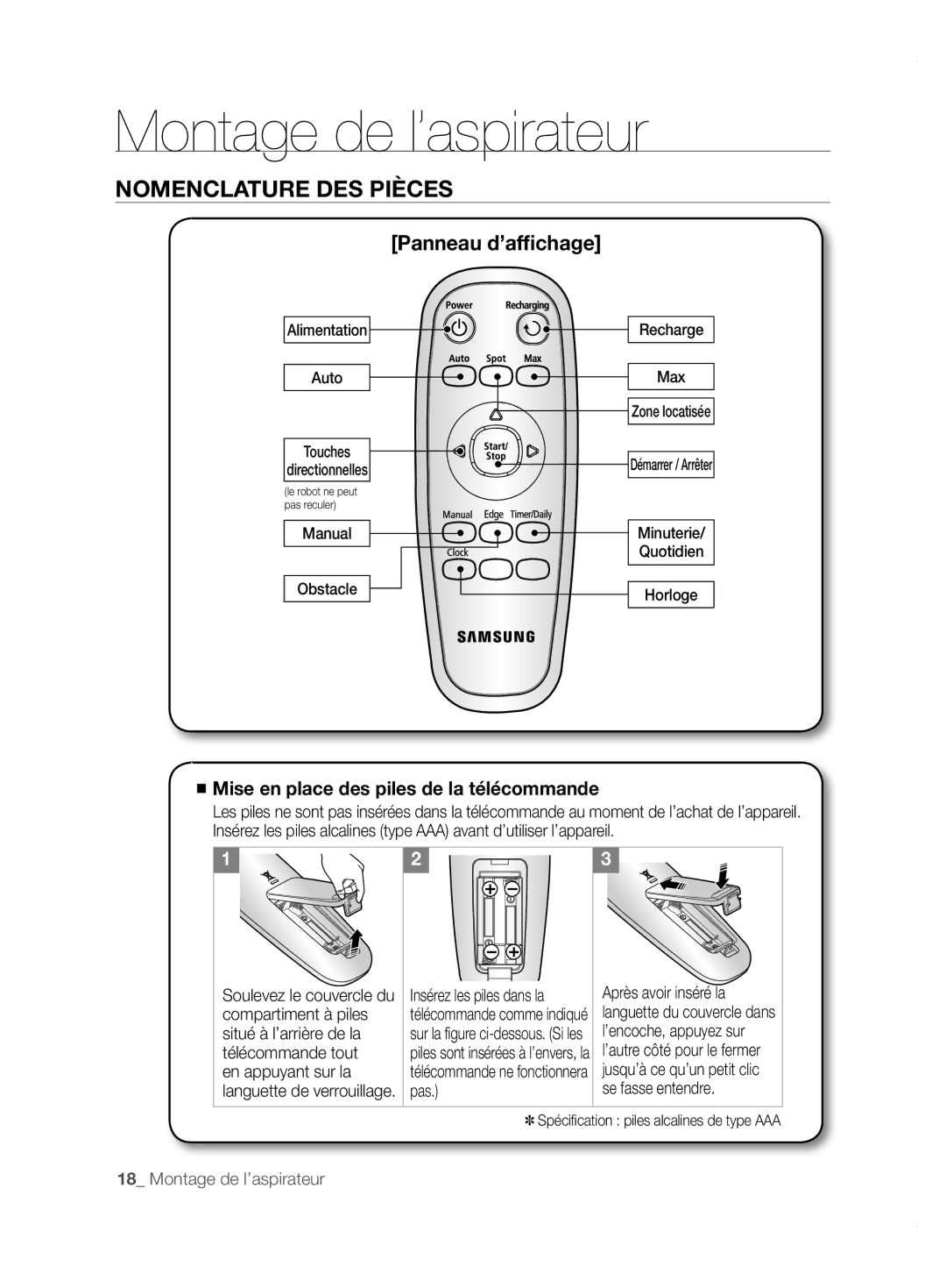 Samsung VCR8855L3B/SWS, VCR8855L3B/XEO, VCR8855L3B/XET manual Panneau d’affichage, Mise en place des piles de la télécommande 