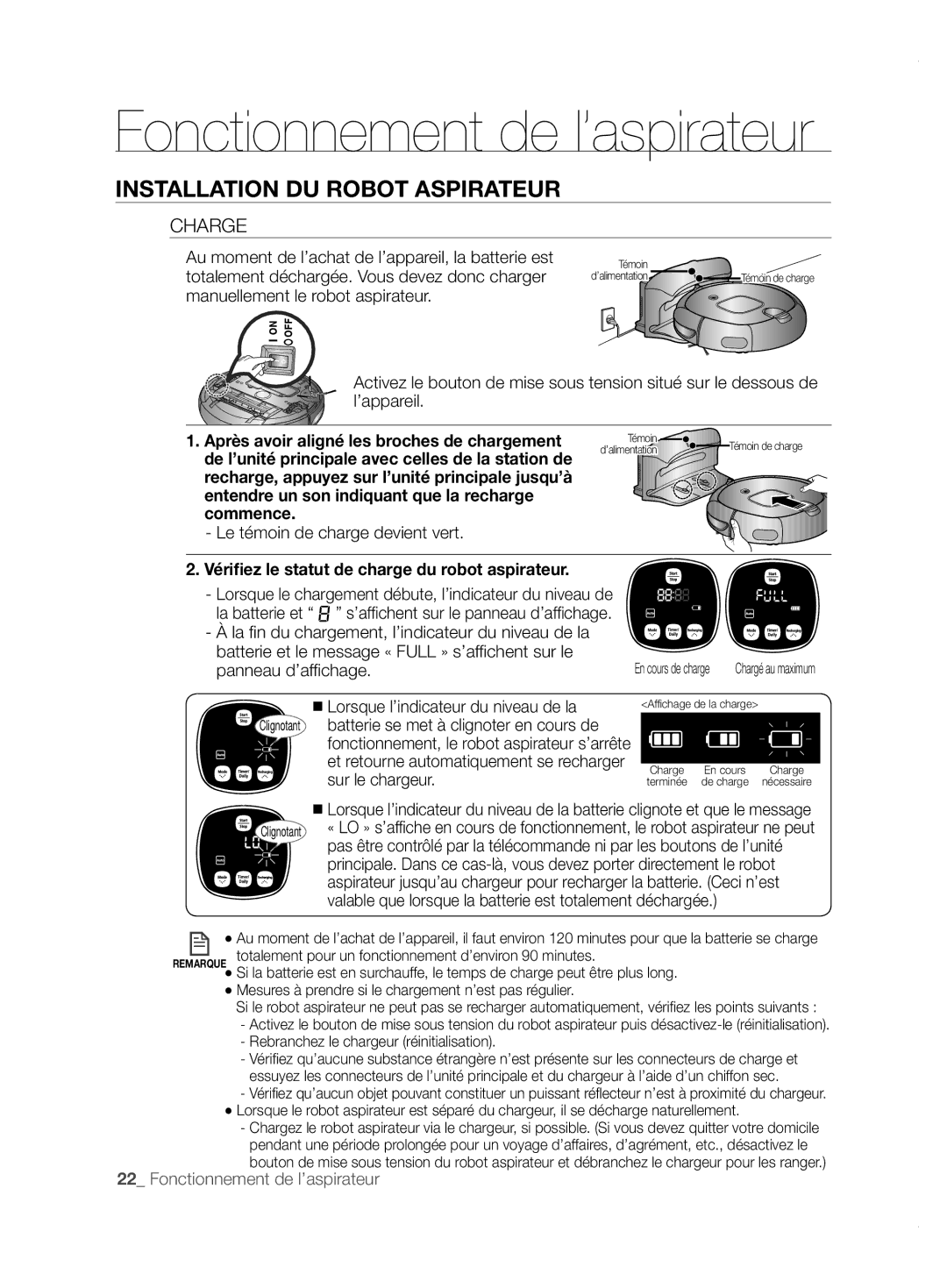 Samsung VCR8855L3B/BOL manual Installation DU Robot Aspirateur, Charge, Vérifiez le statut de charge du robot aspirateur 