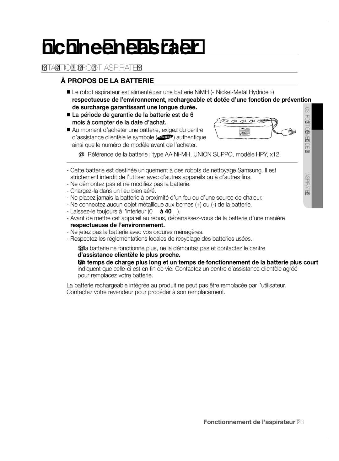 Samsung VCR8855L3B/SWS, VCR8855L3B/XEO, VCR8855L3B/XET, VCR8855L3B/XEF, VCR8855L3B/BOL manual Propos DE LA Batterie 