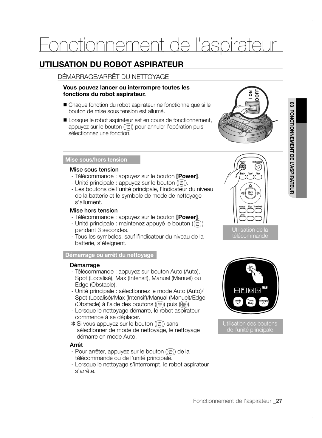 Samsung VCR8855L3B/BOL, VCR8855L3B/XEO, VCR8855L3B/XET manual Utilisation DU Robot Aspirateur, DÉMARRAGE/ARRÊT DU Nettoyage 