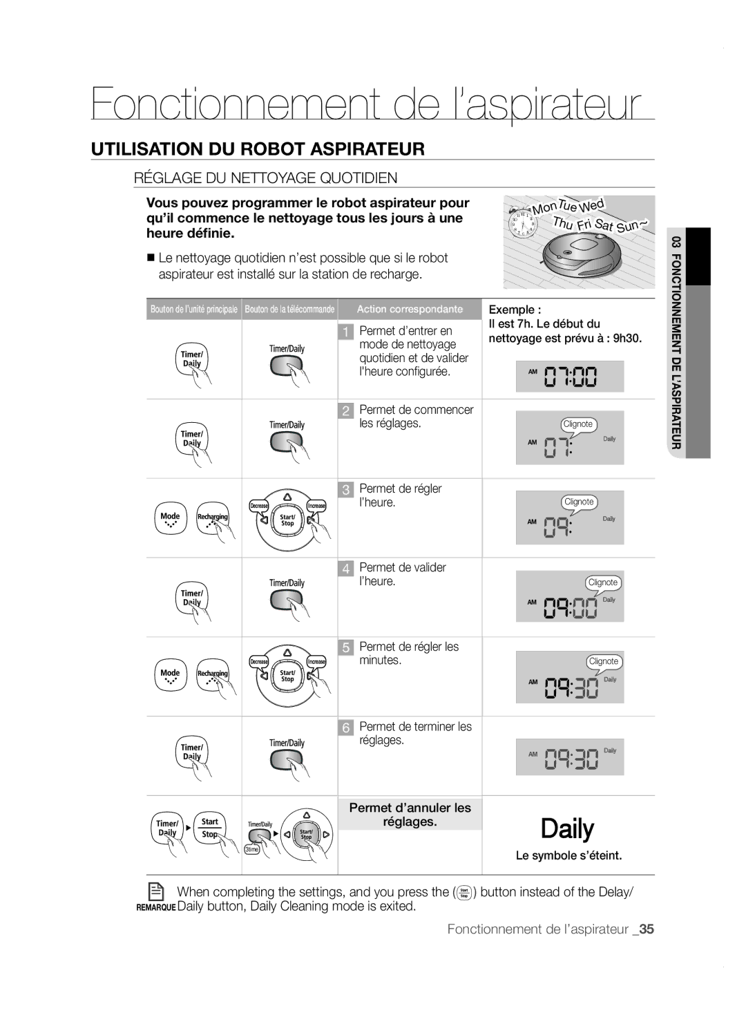 Samsung VCR8855L3B/XET, VCR8855L3B/XEO, VCR8855L3B/XEF, VCR8855L3B/BOL, VCR8855L3B/SWS manual Réglage DU Nettoyage Quotidien 