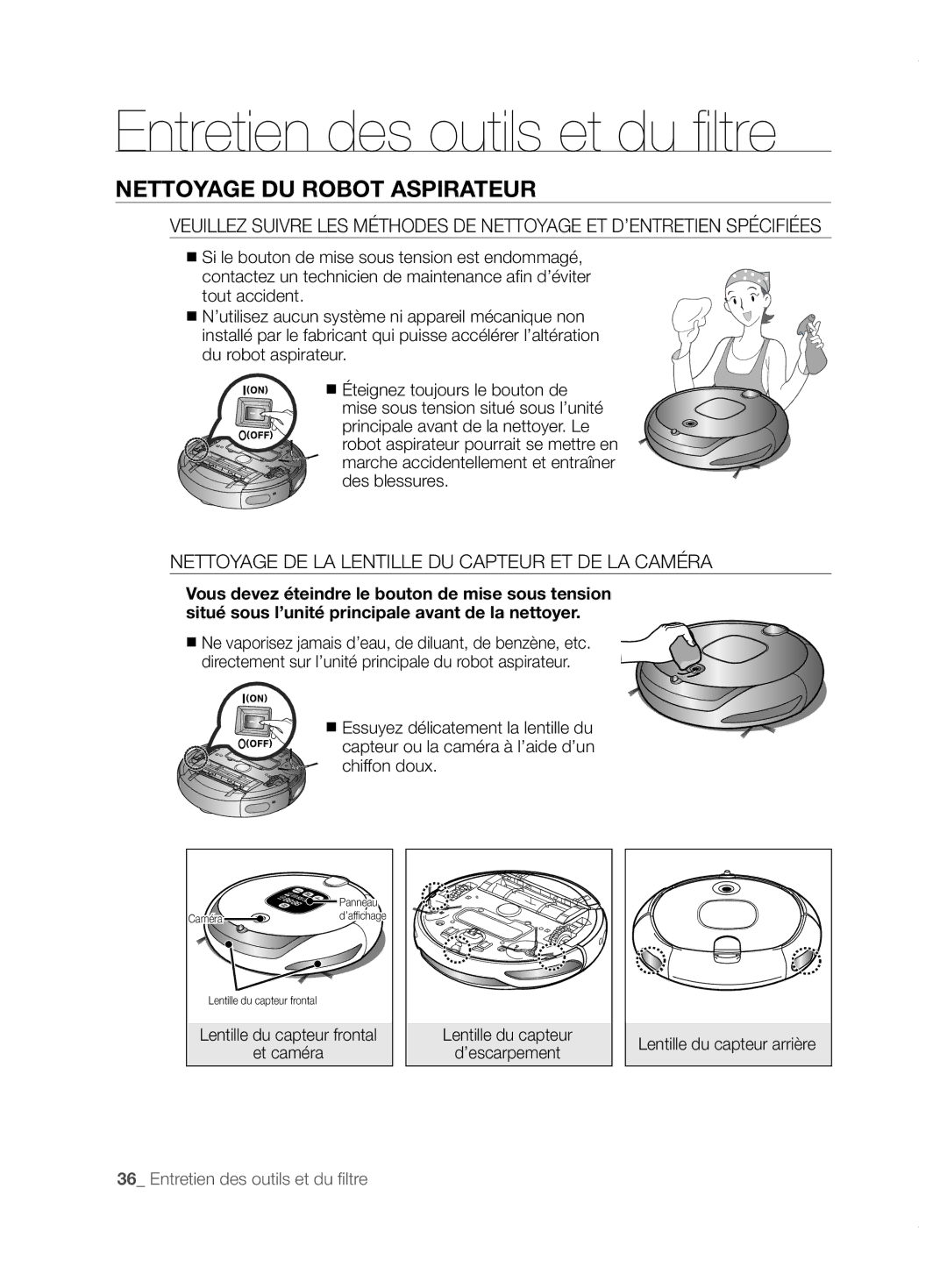 Samsung VCR8855L3B/XEF manual Entretien des outils et du filtre, Nettoyage DU Robot Aspirateur, Lentille du capteur arrière 