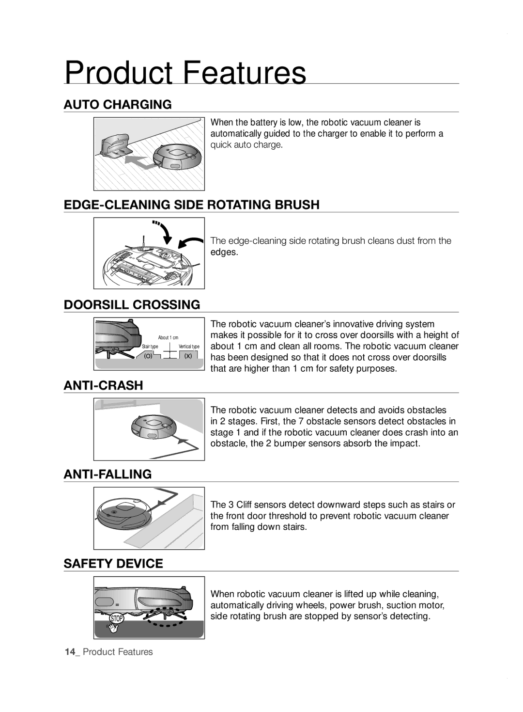 Samsung VCR8855L3B/SWS manual Auto Charging, Edge-Cleaning Side Rotating Brush, Doorsill Crossing, Anti-Crash, Anti-Falling 