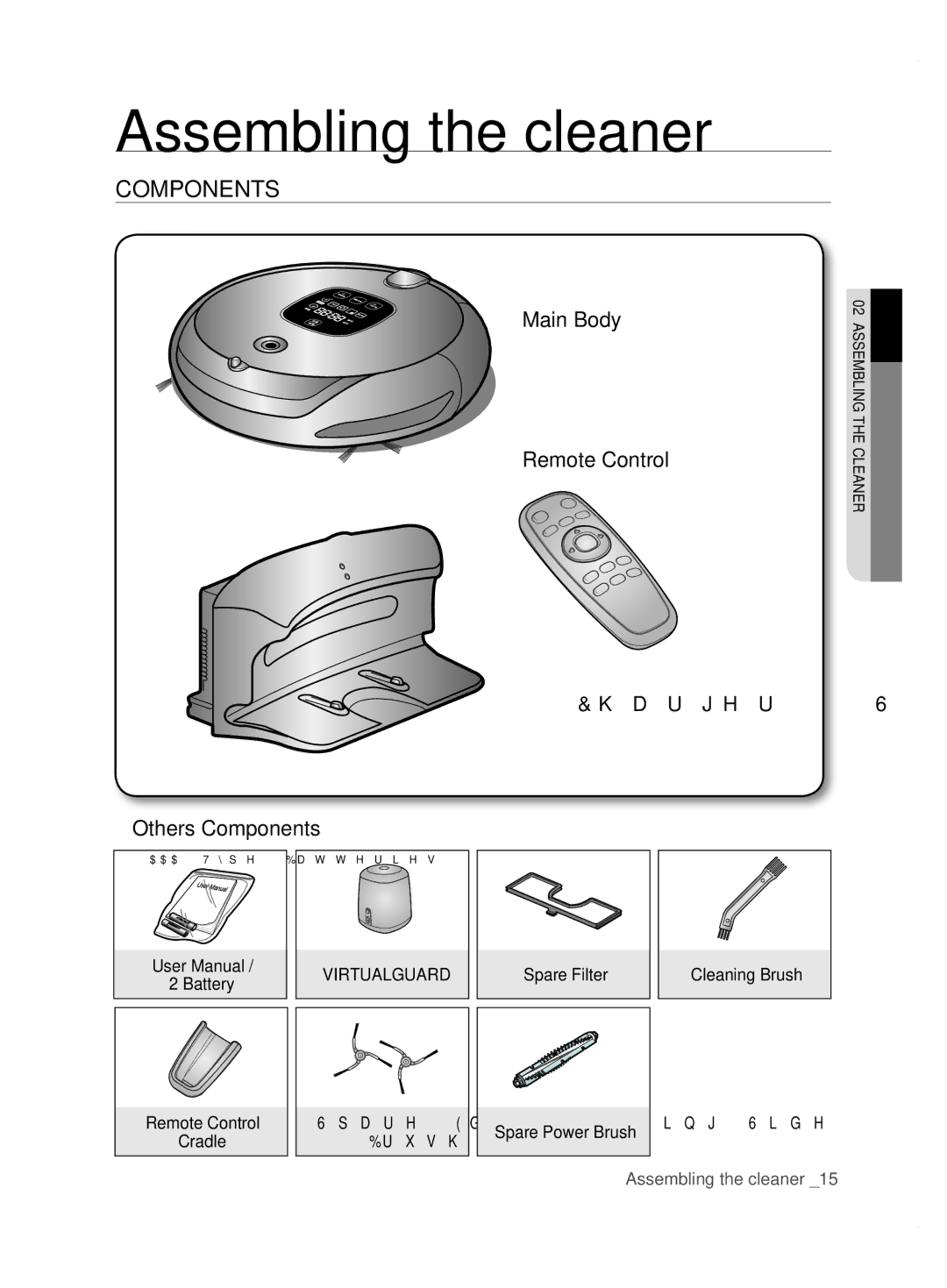 Samsung VCR8855L3B/XEO Assembling the cleaner, Components, Remote Control, Spare Filter Cleaning Brush Spare Power Brush 