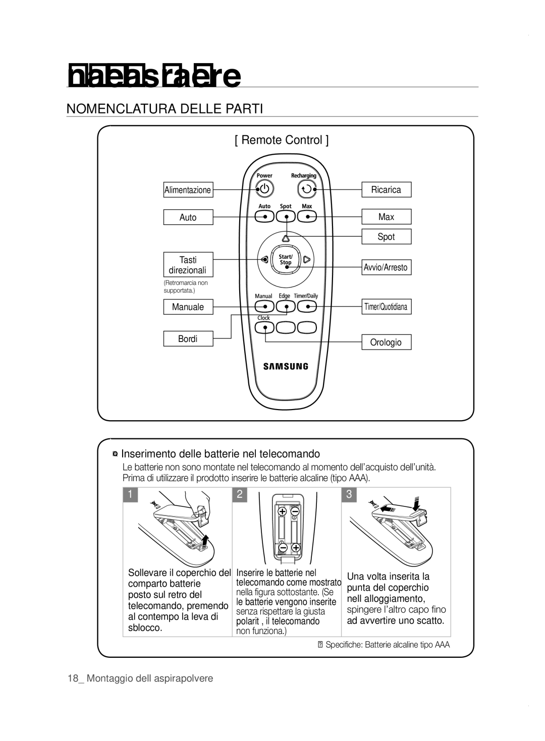 Samsung VCR8855L3B/XEF, VCR8855L3B/XEO, VCR8855L3B/XET, VCR8855L3B/BOL manual Inserimento delle batterie nel telecomando 