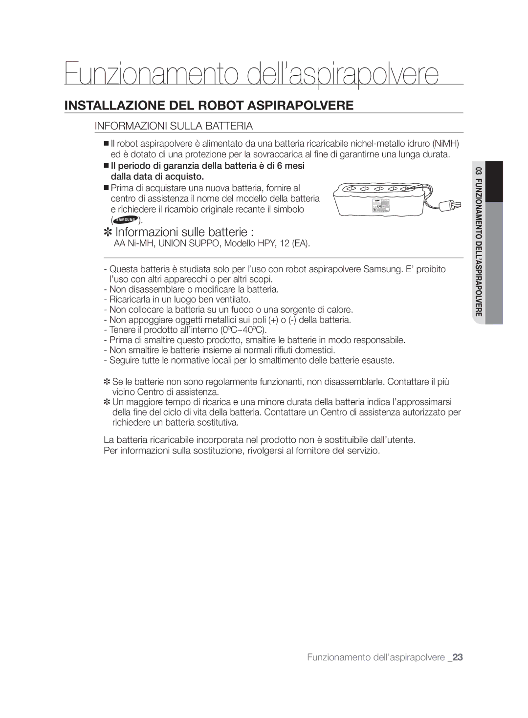 Samsung VCR8855L3B/XEF, VCR8855L3B/XEO Informazioni Sulla Batteria, Richiedere il ricambio originale recante il simbolo 