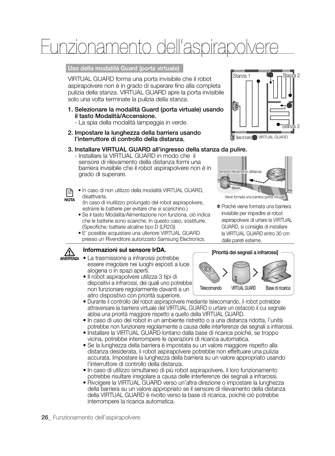 Samsung VCR8855L3B/XEO manual Virtual Guard forma una porta invisibile che il robot, Informazioni sul sensore IrDA 